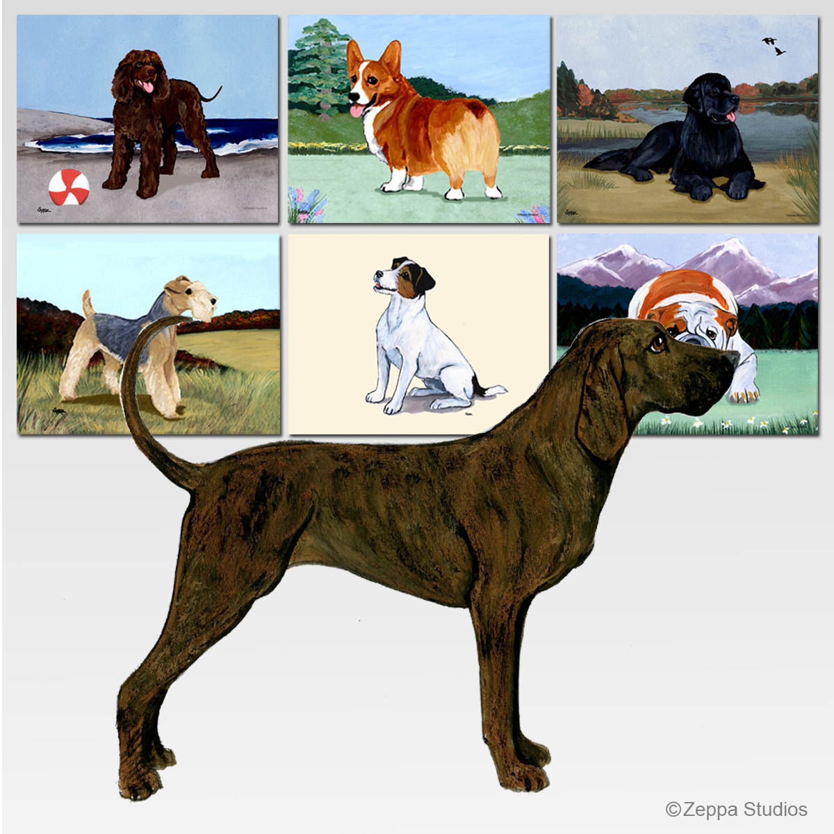Plott Hound on your choice of backgrounds on tempered glass cutting boards.