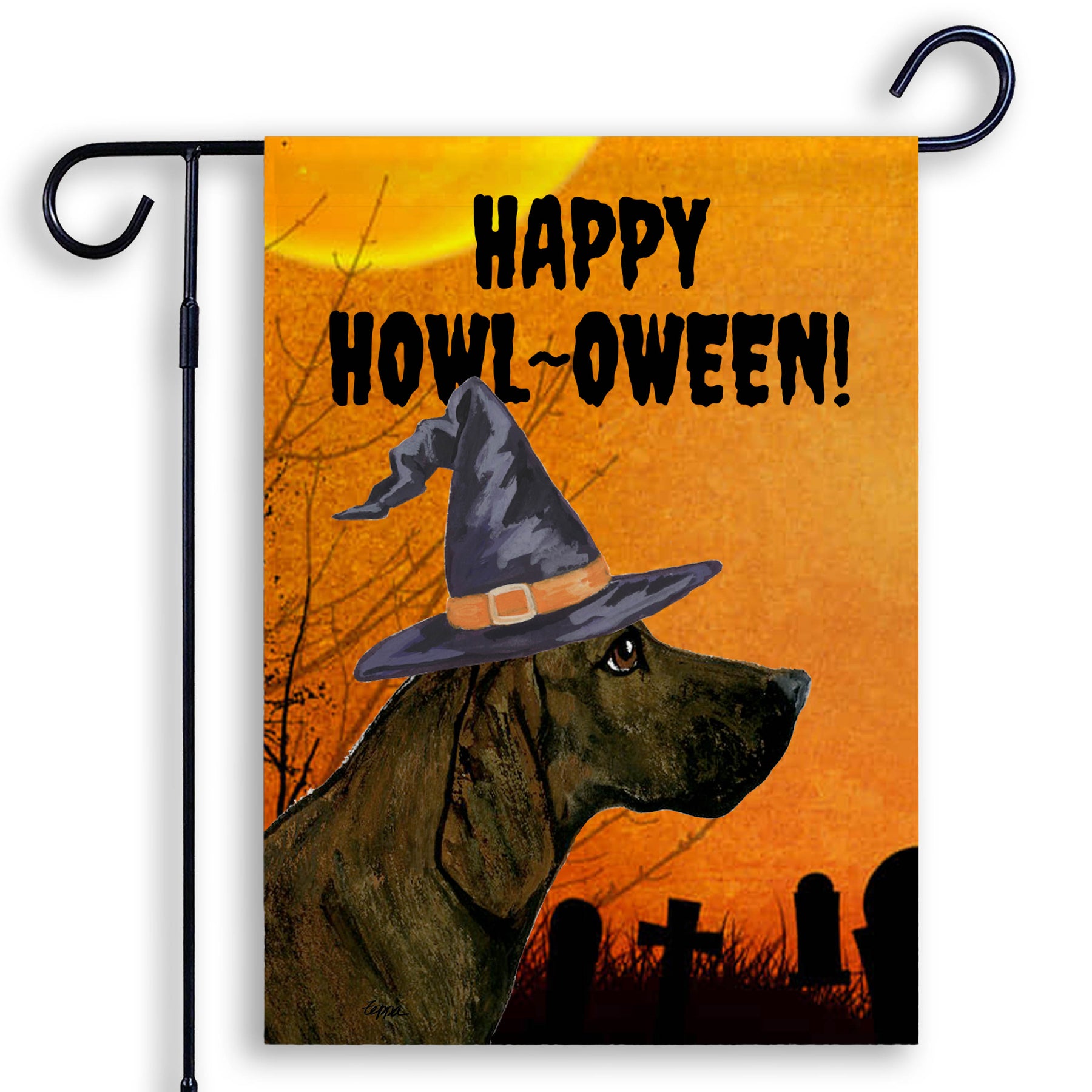 Halloween-themed garden flag with a Plott Hound wearing a witch hat and 'Happy Howl-O-Ween!' text on an orange background.