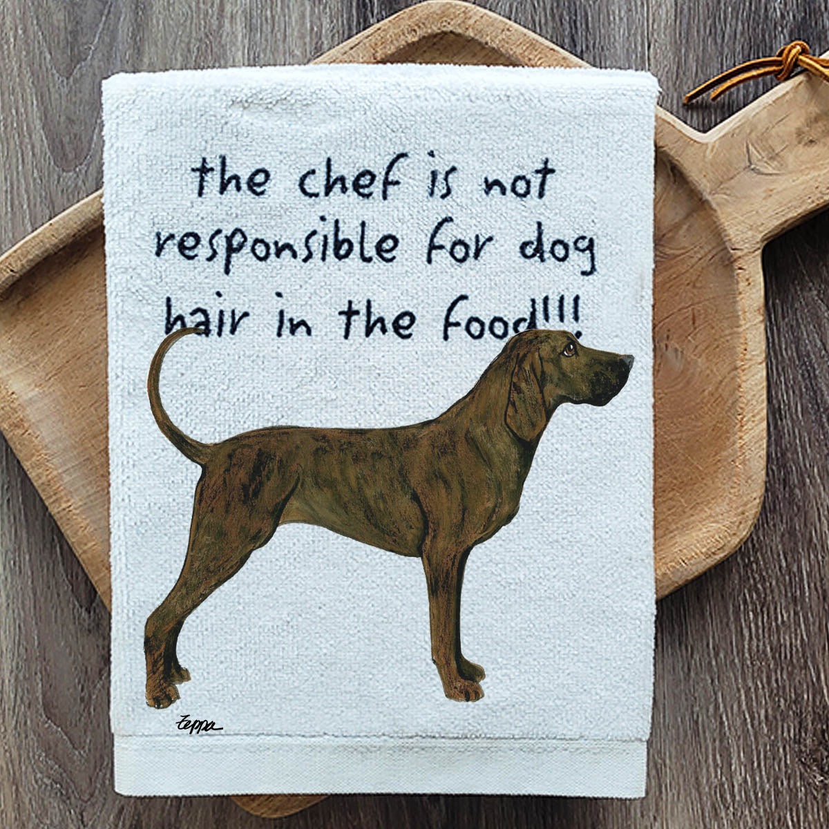 Plott Hound Kitchen Towel on a board