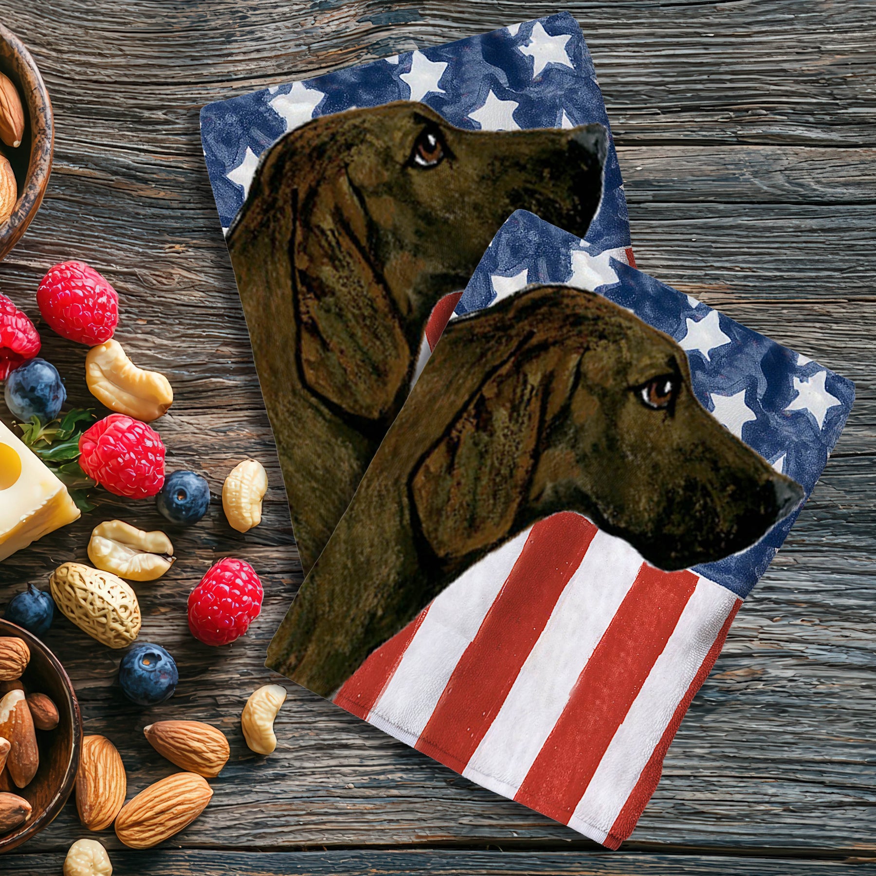 Plott Hound Americana Kitchen Towels on a Board