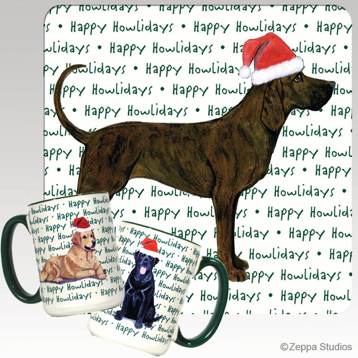 Plott Hound in a Santa Hat on a Happy Howlidays mug