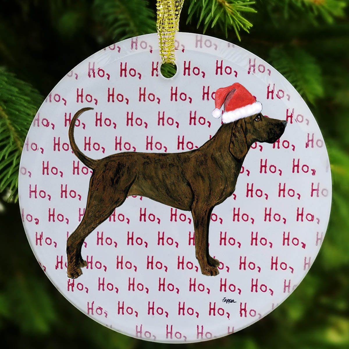 Plott Hound Ho Ho Ho Round Glass Christmas Ornament