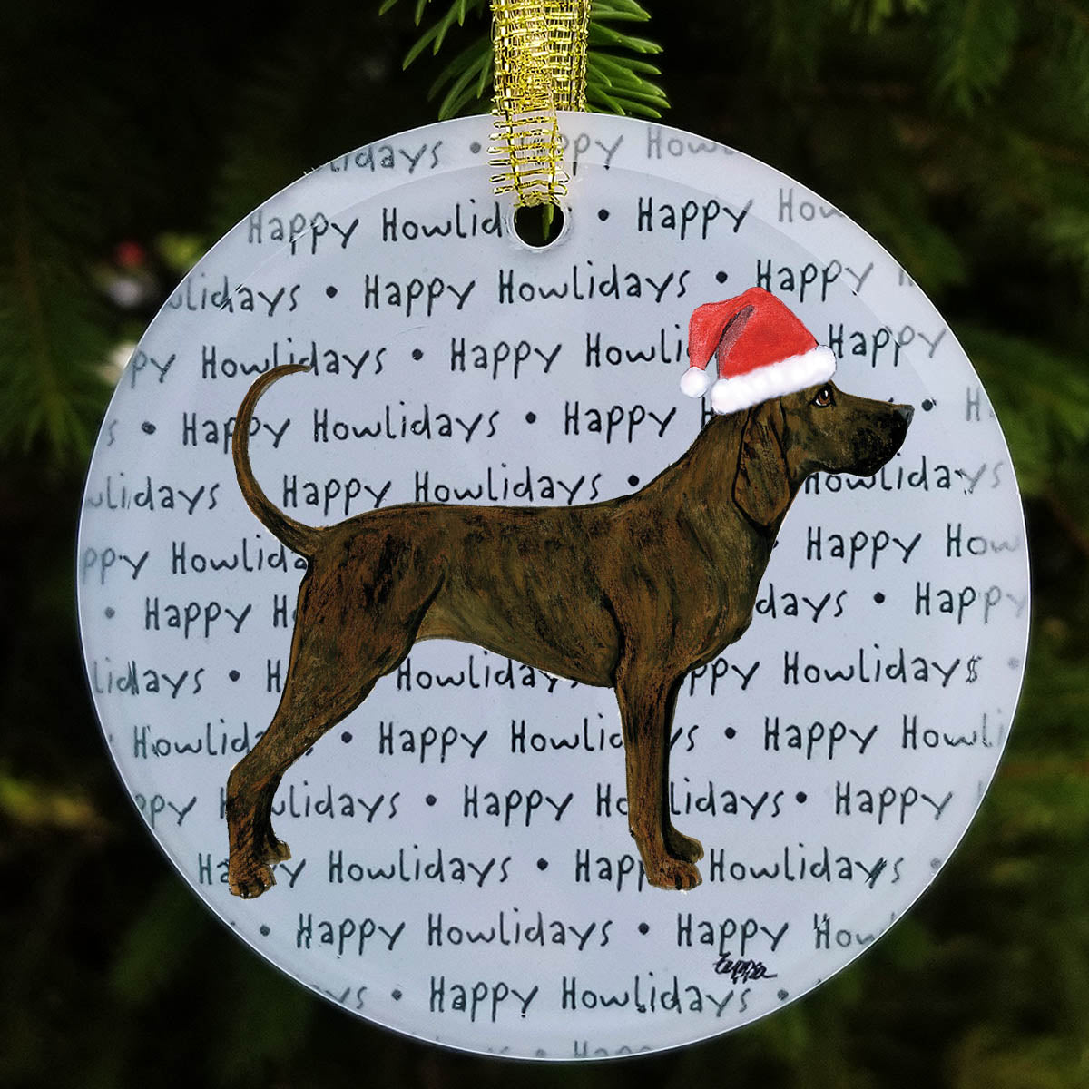 Plott Hound Happy Howlidays Round Glass Christmas Ornament
