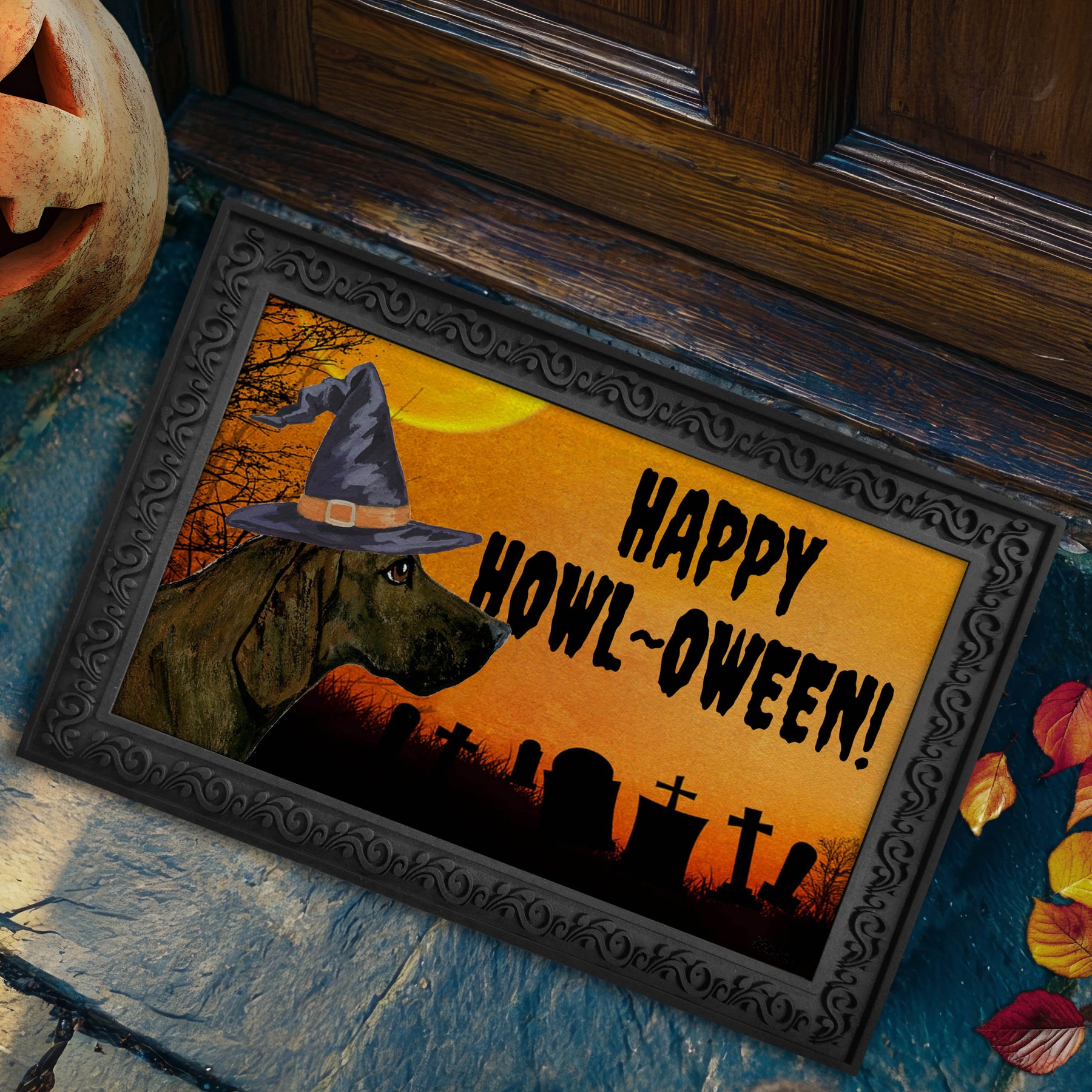 Plott Hound in a Witch's hat Happy Halloween Door Mat