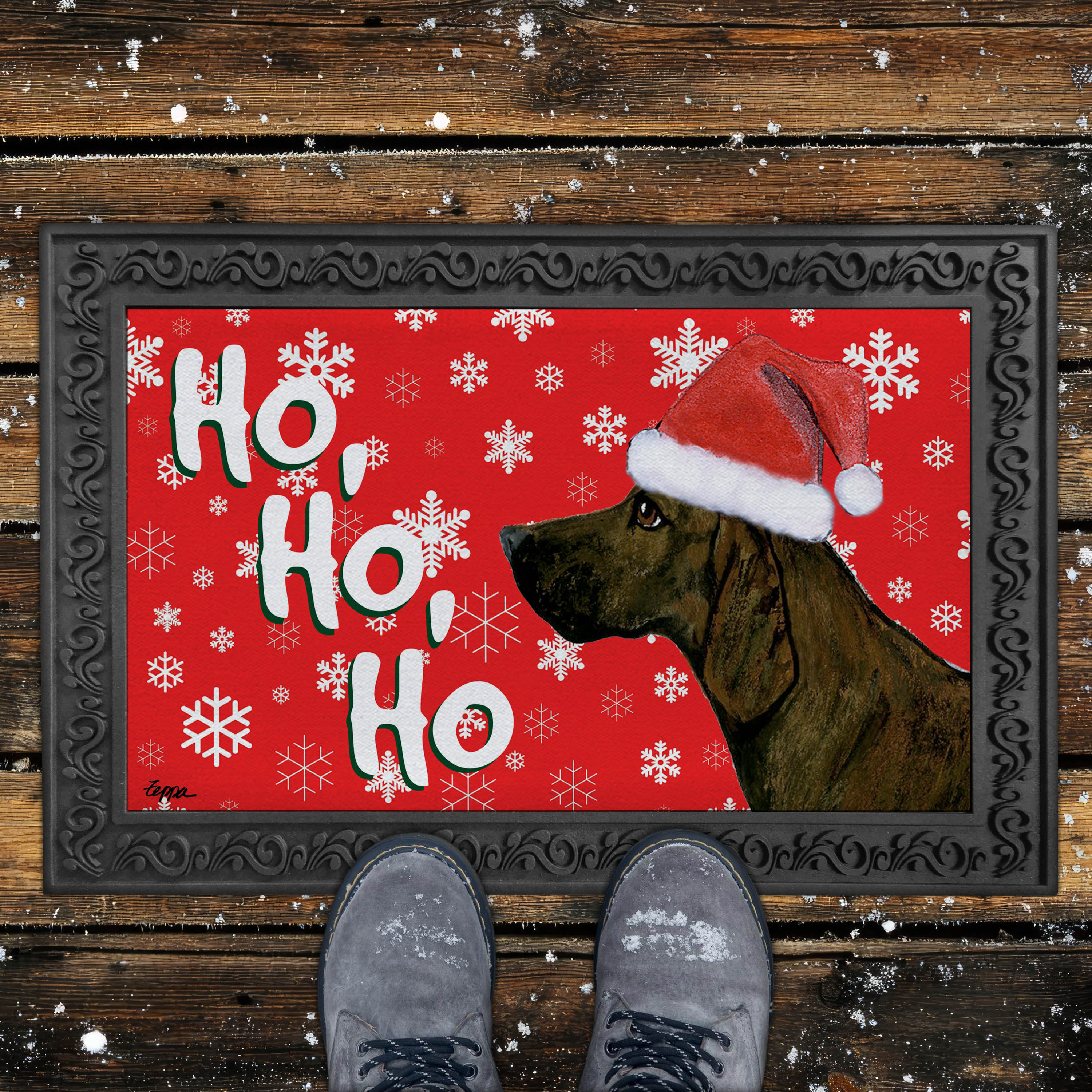 Plott Hound Ho Ho Ho Door Mat in Red