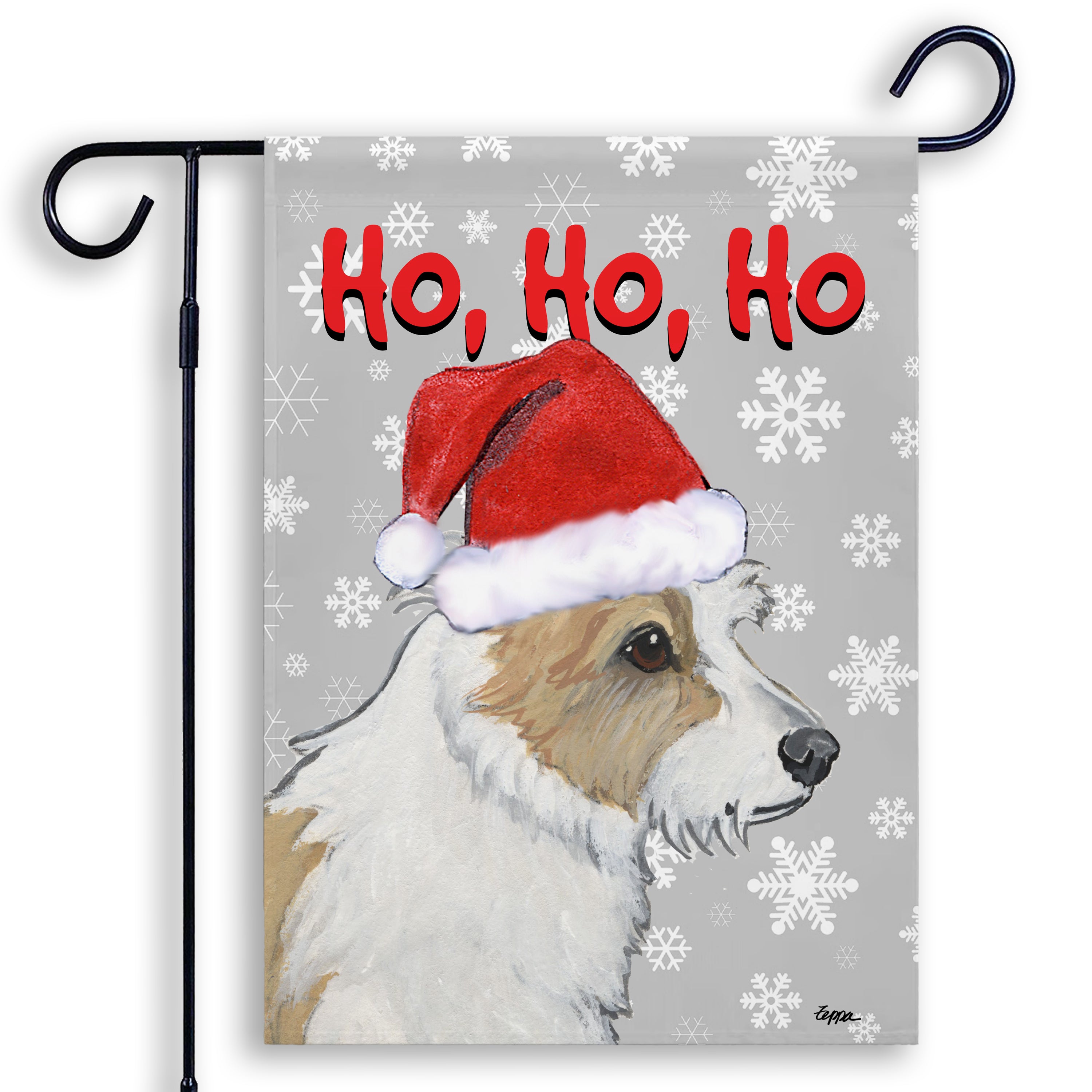 Portuguese Podengo Pequeno Ho Ho Ho Garden Flag on Grey
