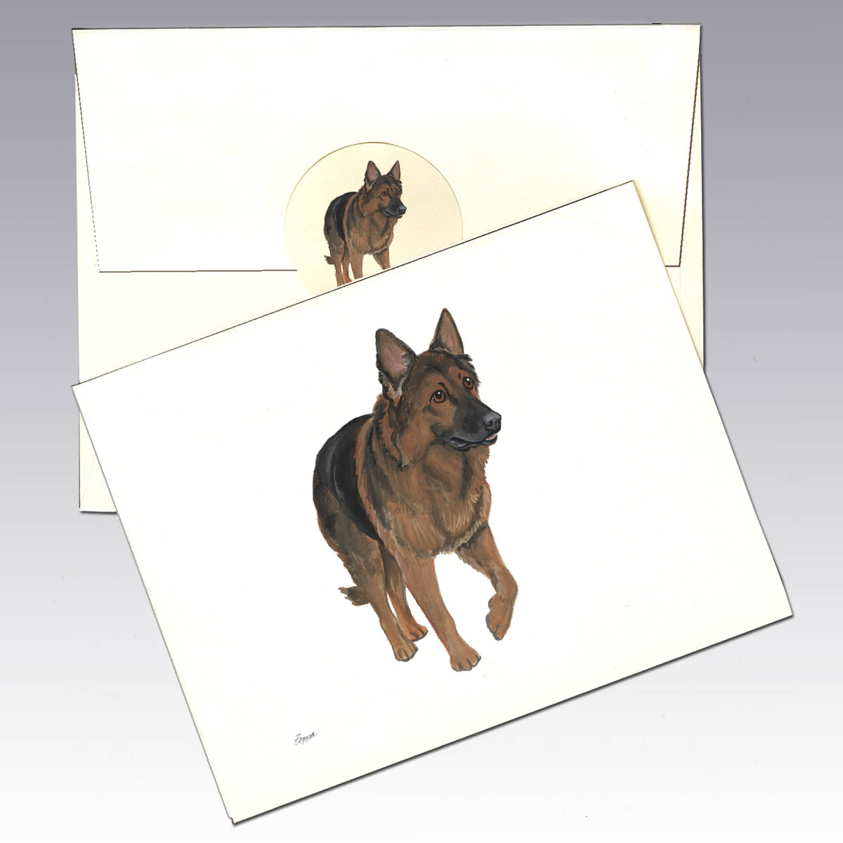 Shiloh Shepherd design on an ivory note card and matching envelope and sticker.