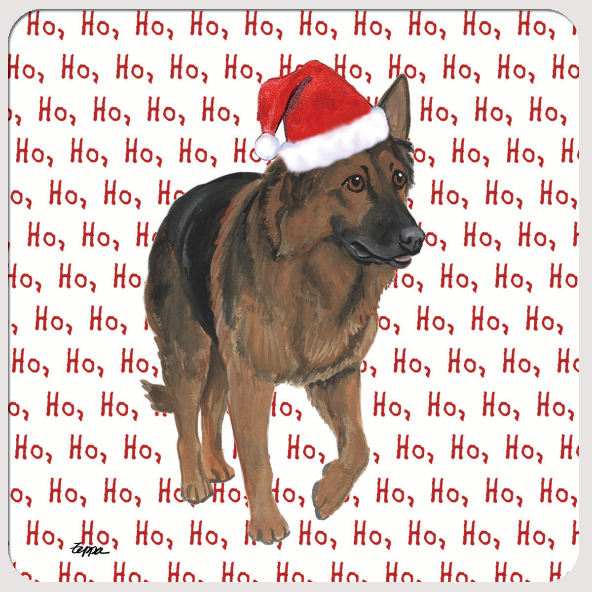 Shiloh Shepherd in a Santa hat on "ho ho ho" repeating text background rubber coaster.