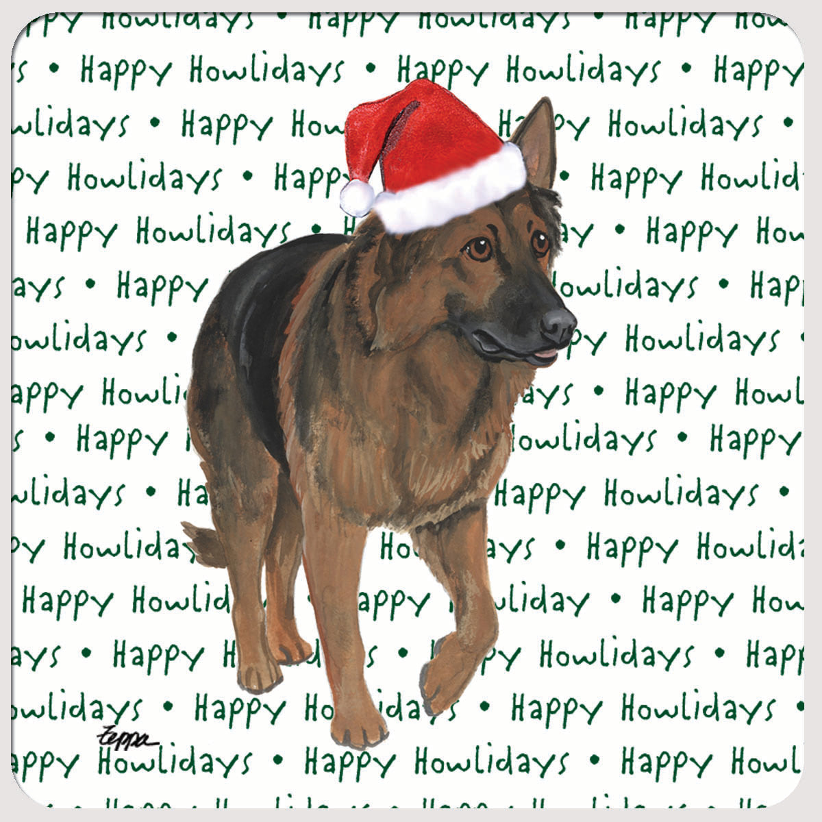 Shiloh Shepherd in a Santa hat on "happy howlidays" repeating text background rubber coaster.