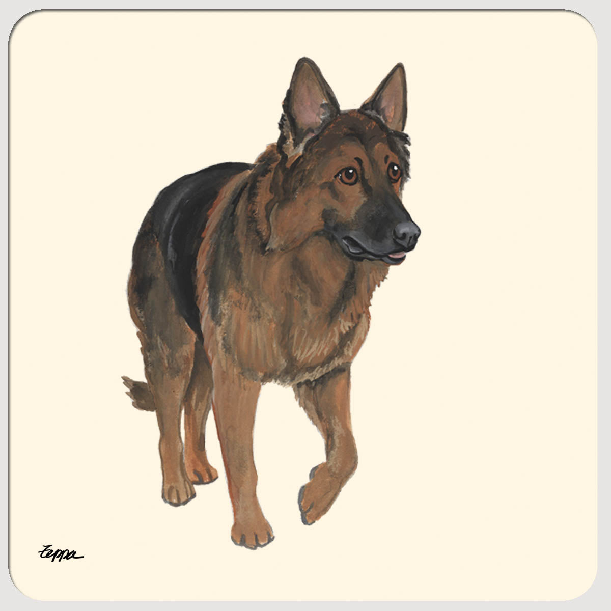 Shiloh Shepherd design on a beige rubber beverage coaster.