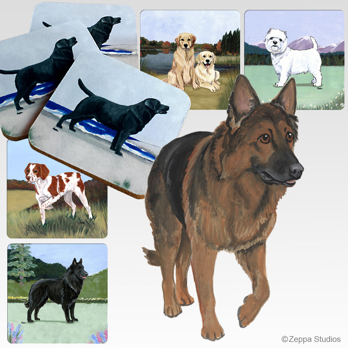 Shiloh Shepherd and 5 scenic backgrounds for rubber coasters