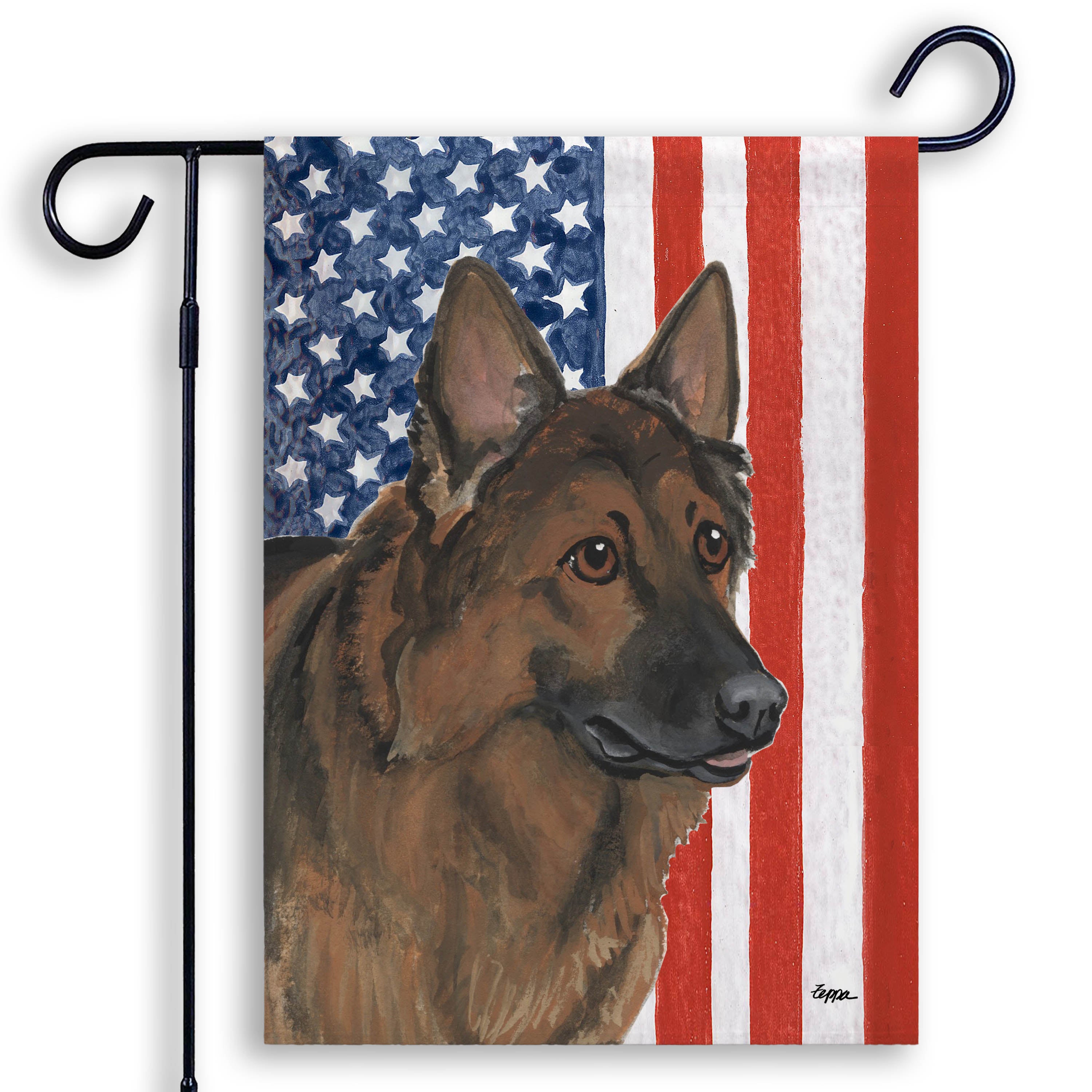 Shiloh Shepherd on an American flag background garden flag.