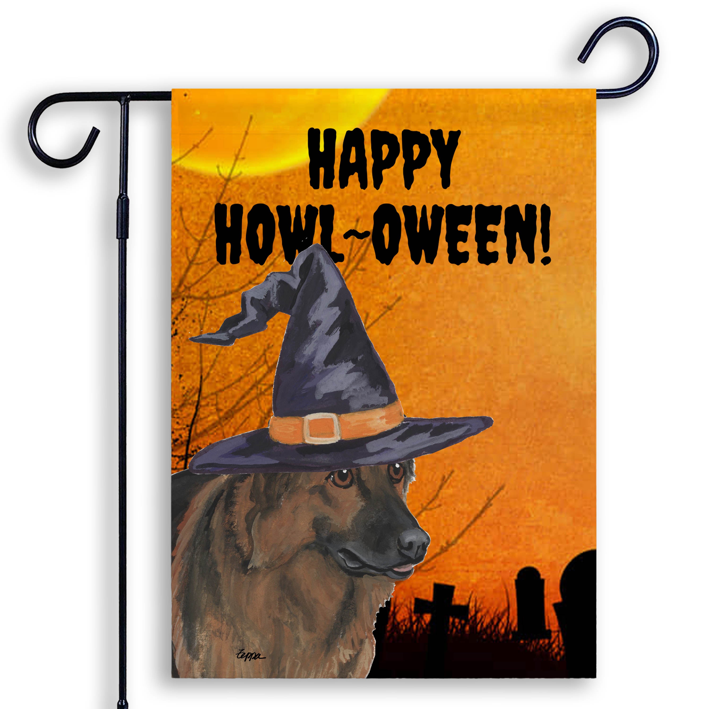 Halloween-themed garden flag with a Shiloh Shepherd wearing a witch hat and 'Happy Howl-Oween!' text.