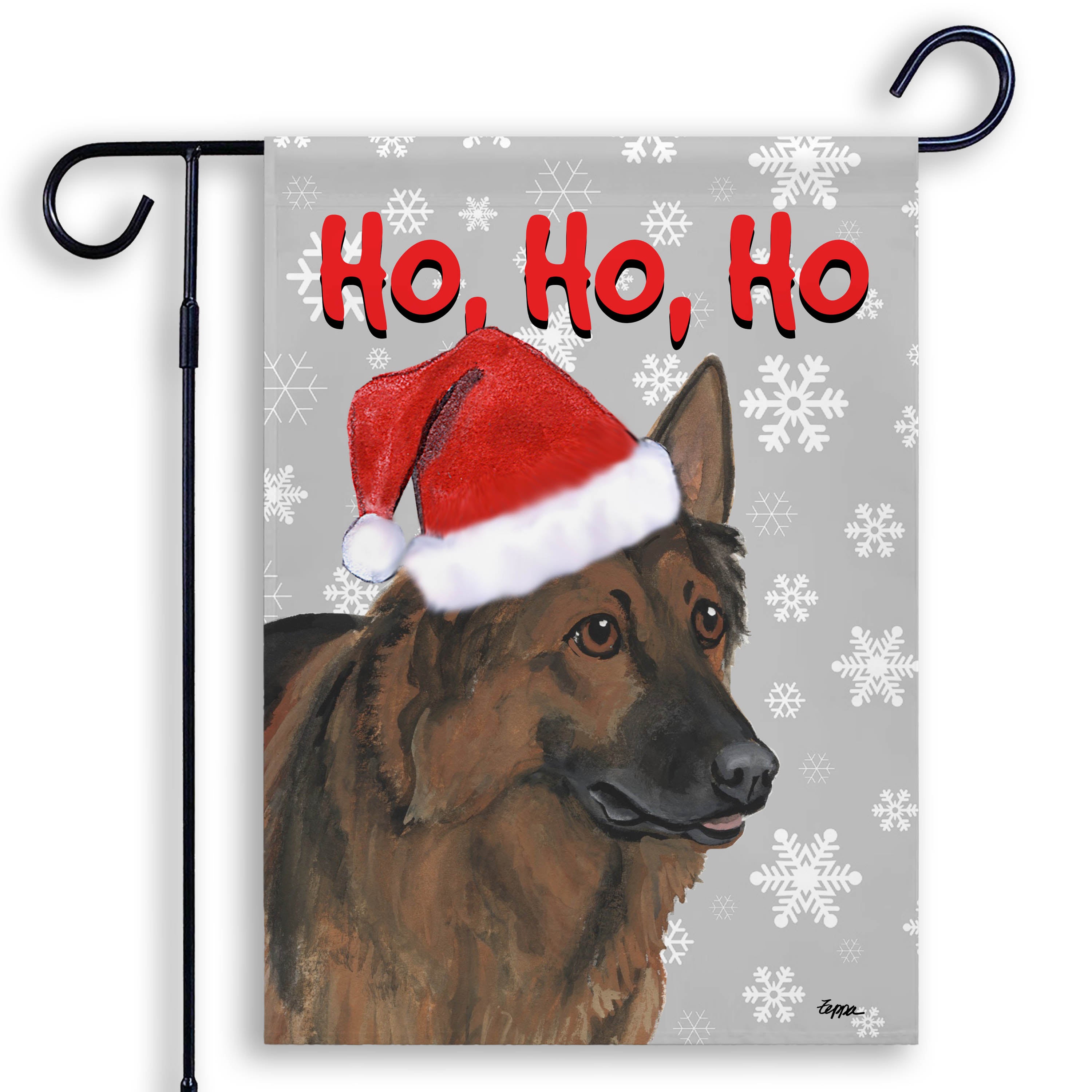 Christmas-themed garden flag with a Shiloh Shepherd wearing a Santa hat and snowflakes on a grey background.