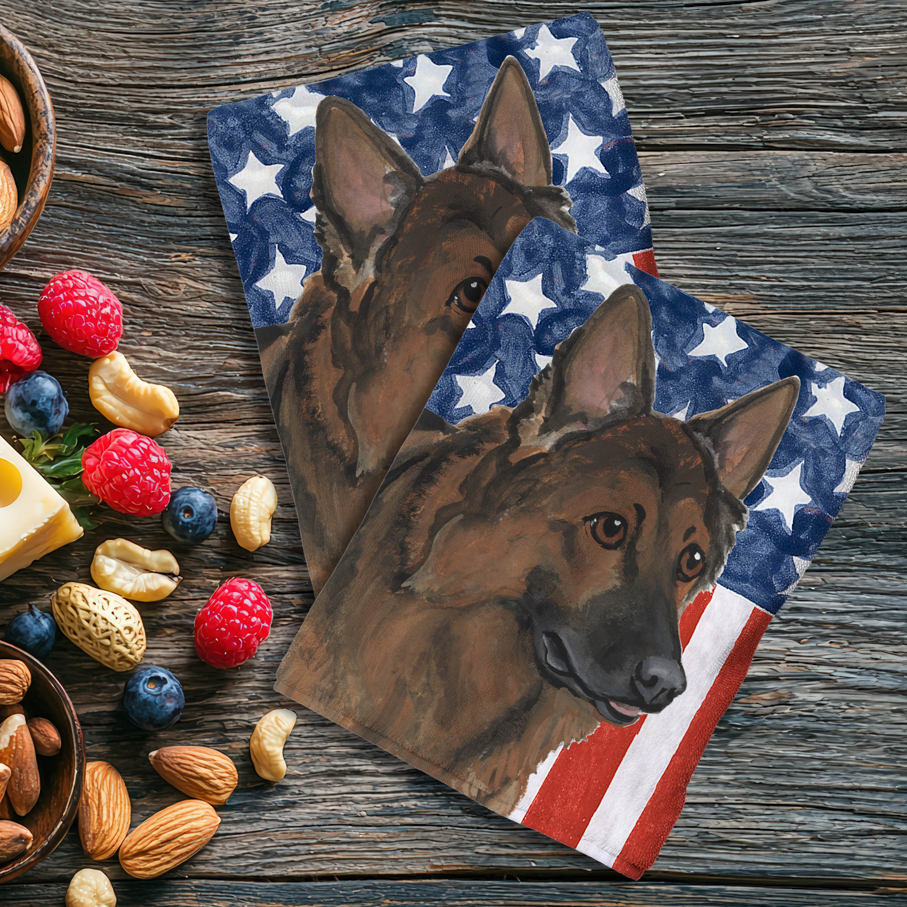 Shiloh Shepherd on American flag background kitchen towel set.