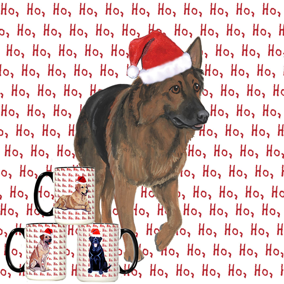 Shiloh Shepherd in a Santa hat on "ho ho ho" repeating text background wrap mug