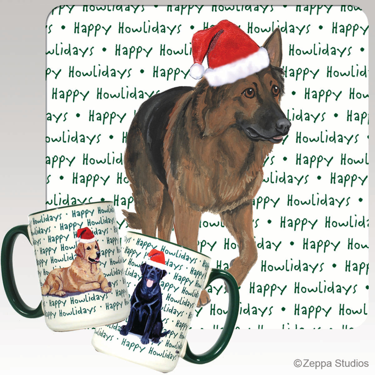 Shiloh Shepherd in a Santa hat on "happy howlidays" repeating text background wrap mug