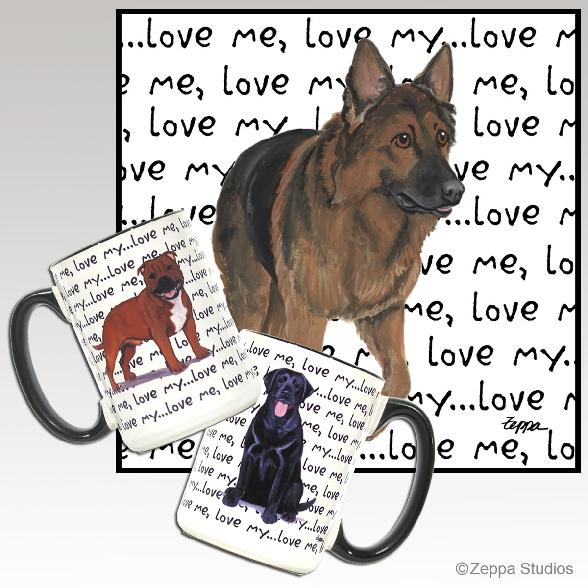 Shiloh Shepherd on "love me, love my" repeating text design for wrap mugs.