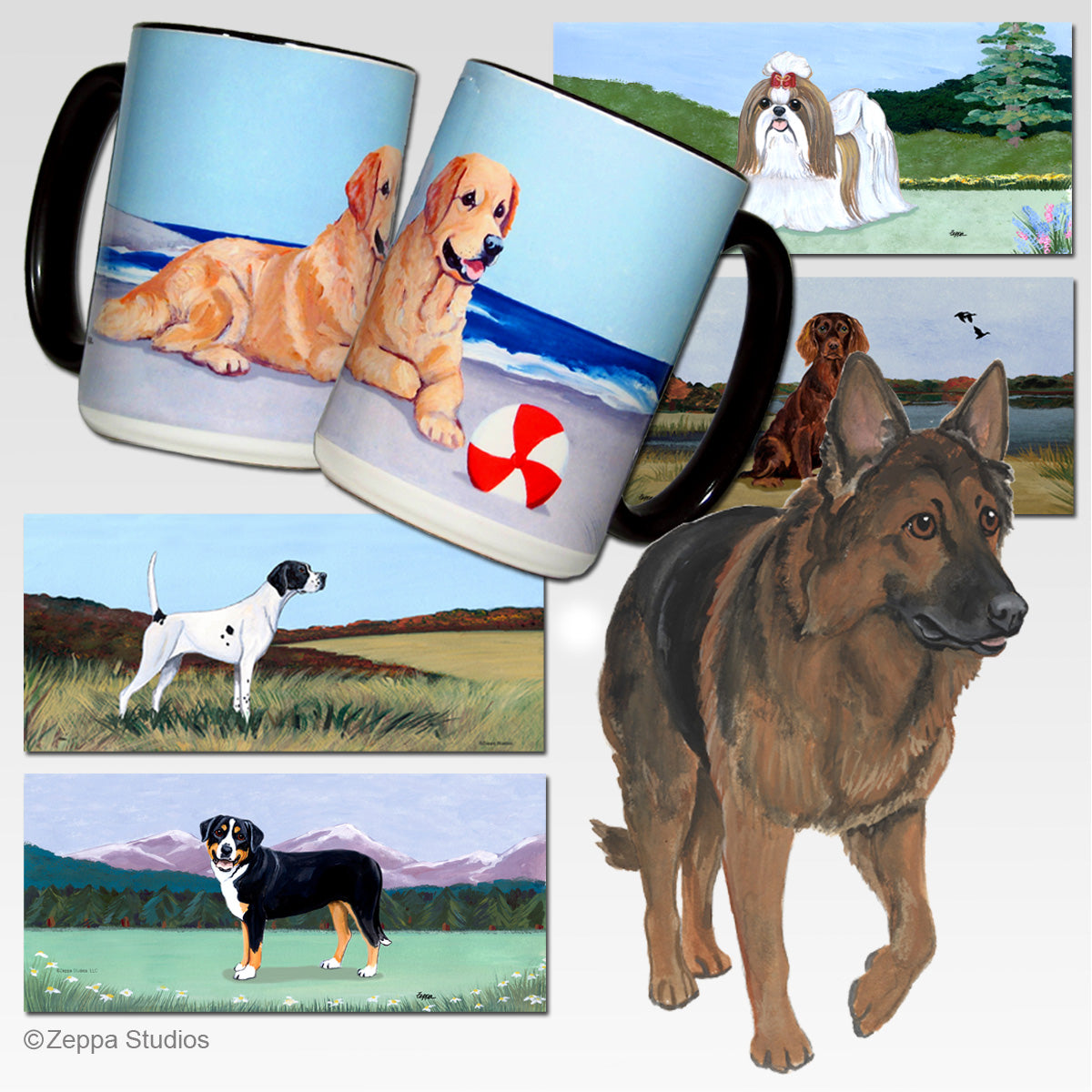Shiloh Sheherd and 5 scenic background options for wrap mugs.