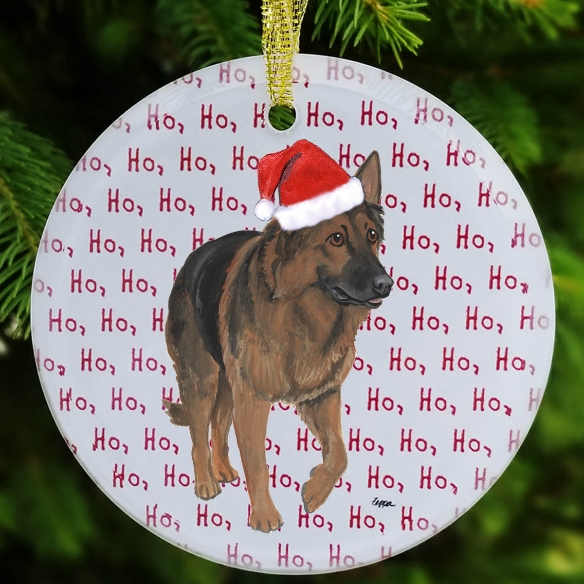 Shiloh Shepherd in a Santa hat on "ho ho ho" repeating text background glass ornament