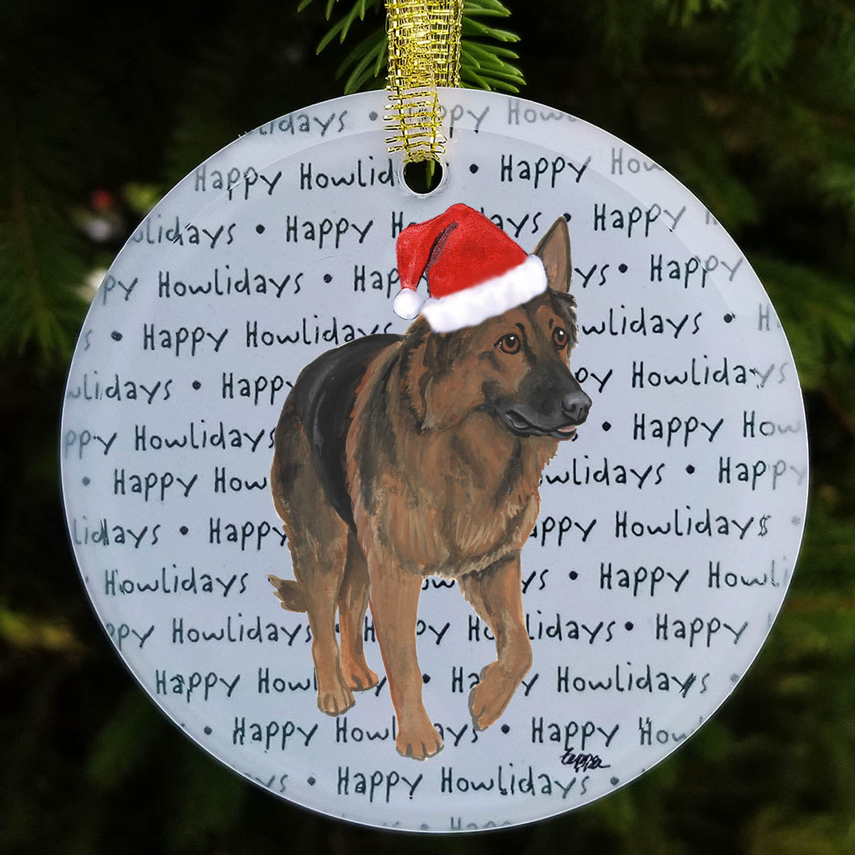 Shiloh Shepherd in a Santa hat on "happy howlidays" repeating text background glass ornament