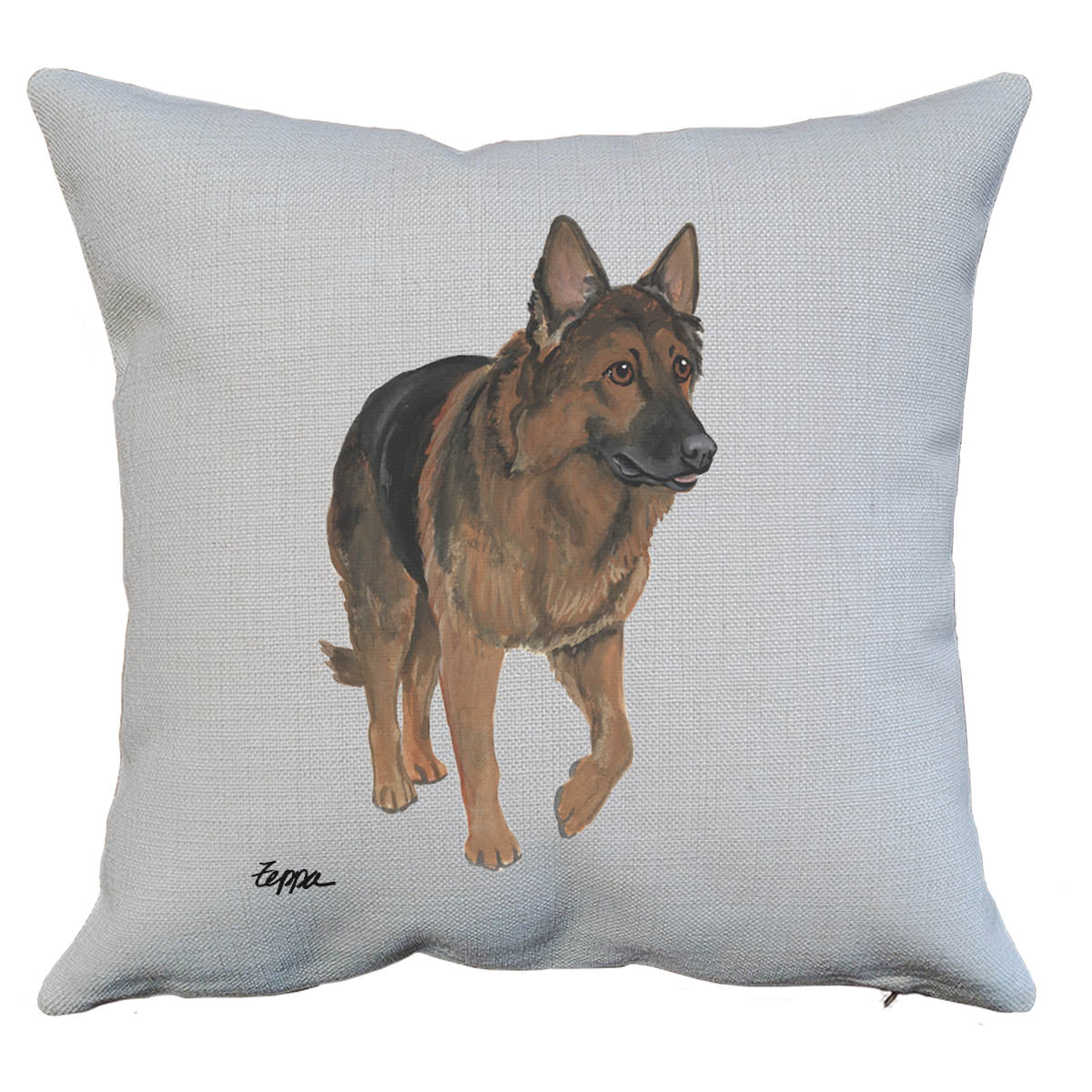 Linen throw pillow with a German Shepherd design 