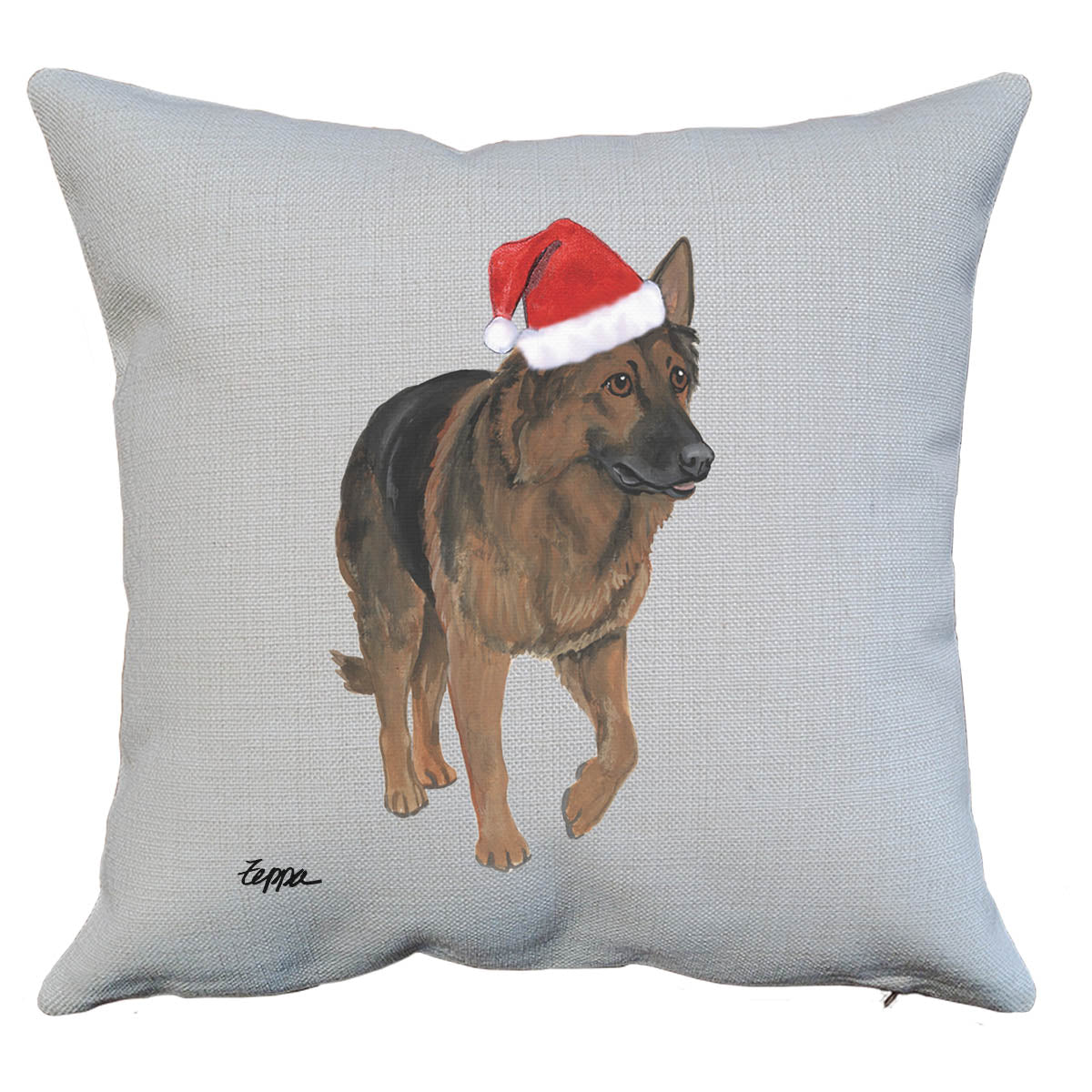 Linen throw pillow with Shiloh Shepherd in a Santa hat.