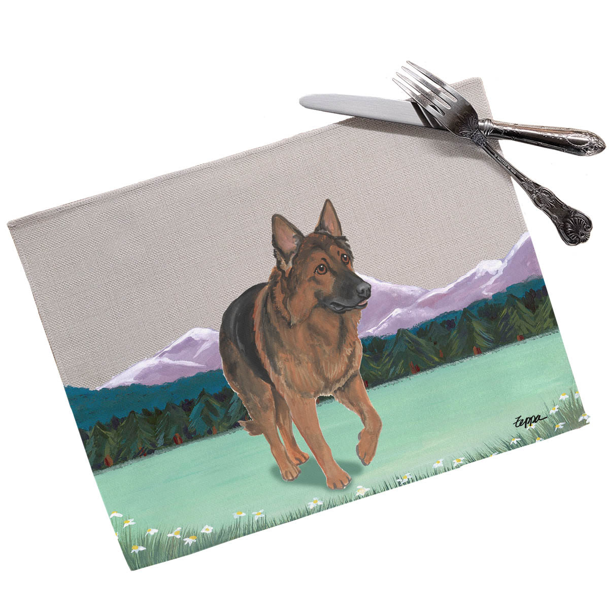 Placemat with a Shiloh Shepherd design on a scenic background.