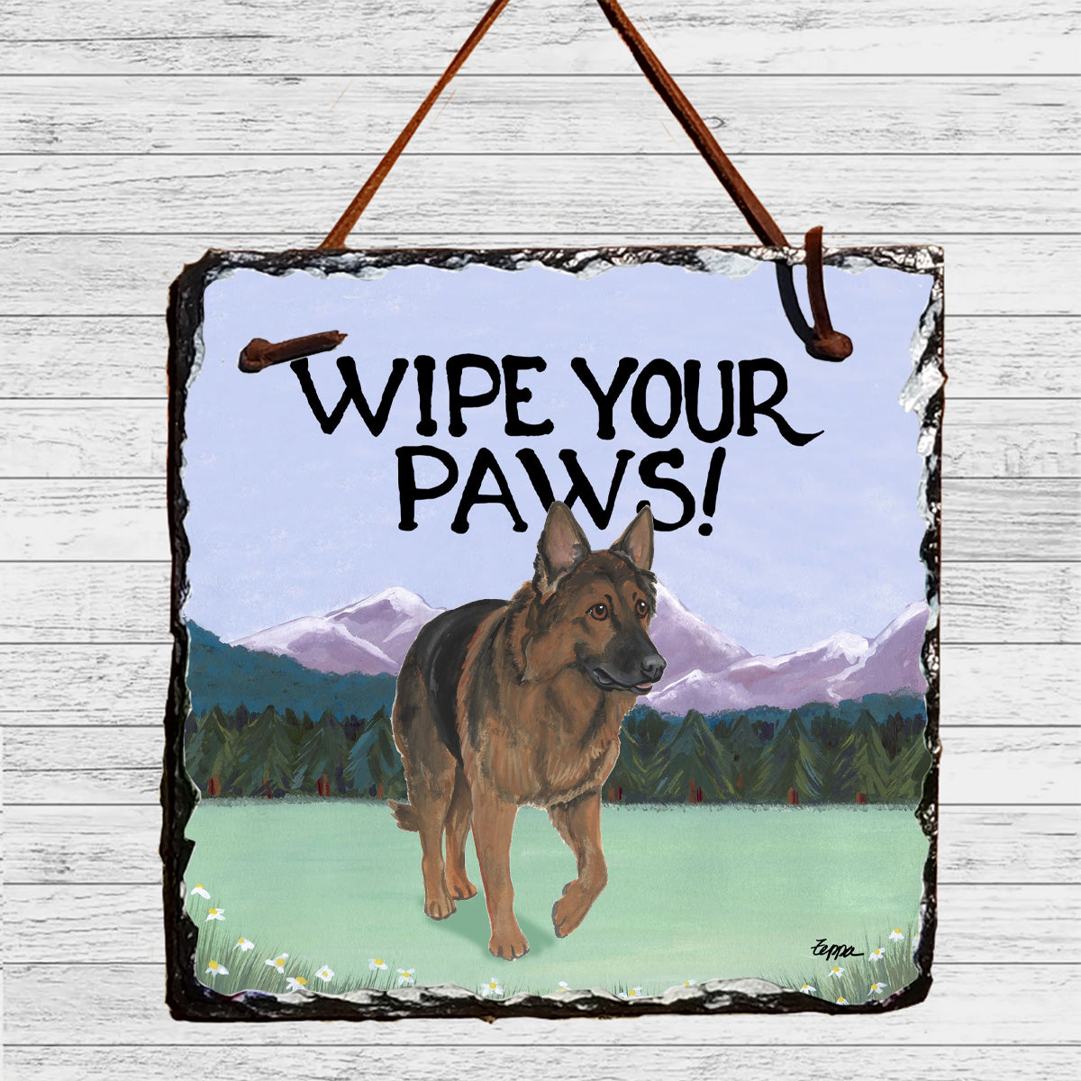 Shiloh Shepherd "wipe your paws" slate sign.