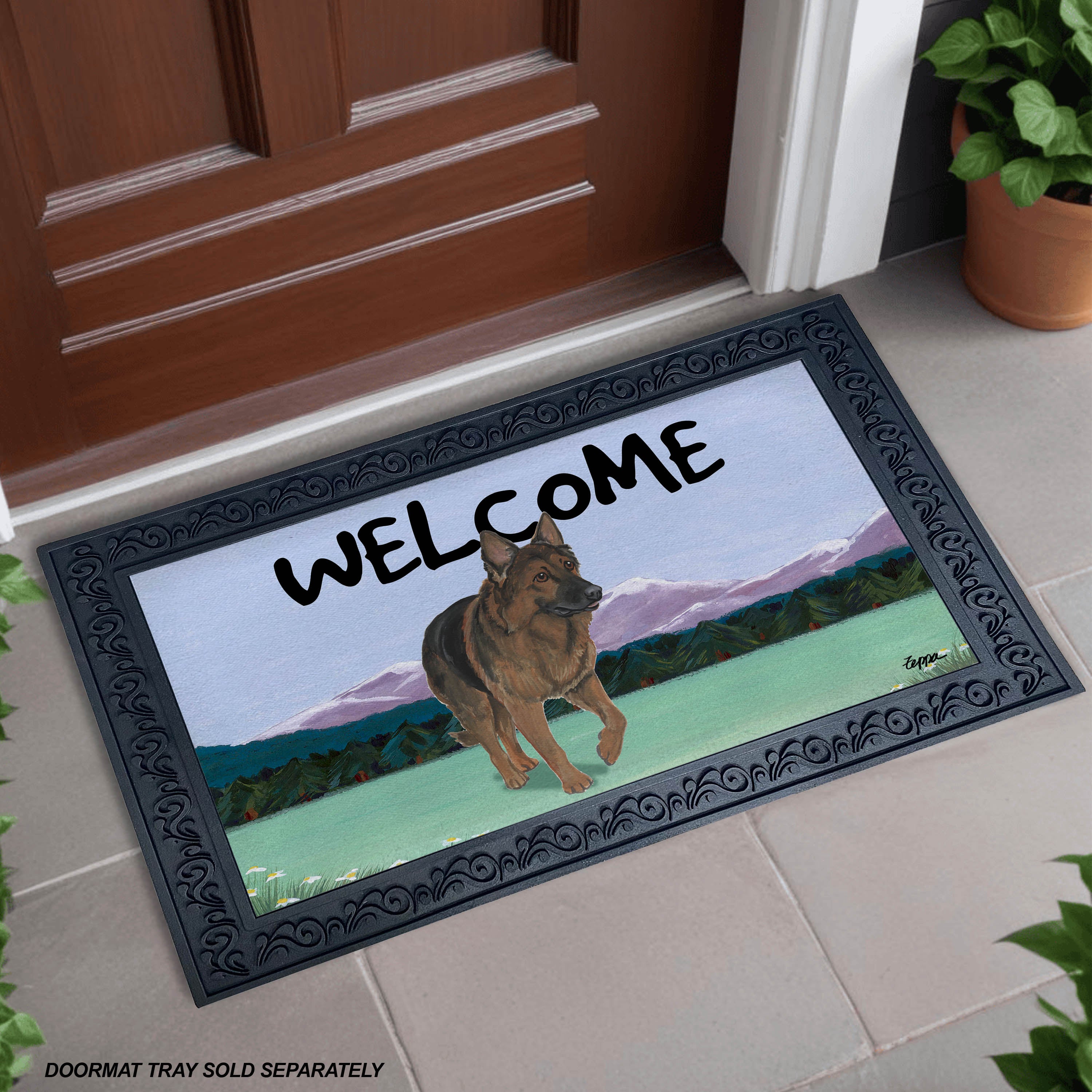 Decorative doormat with a Shiloh Shepherd illustration and 'Welcome' text on a doormat tray.