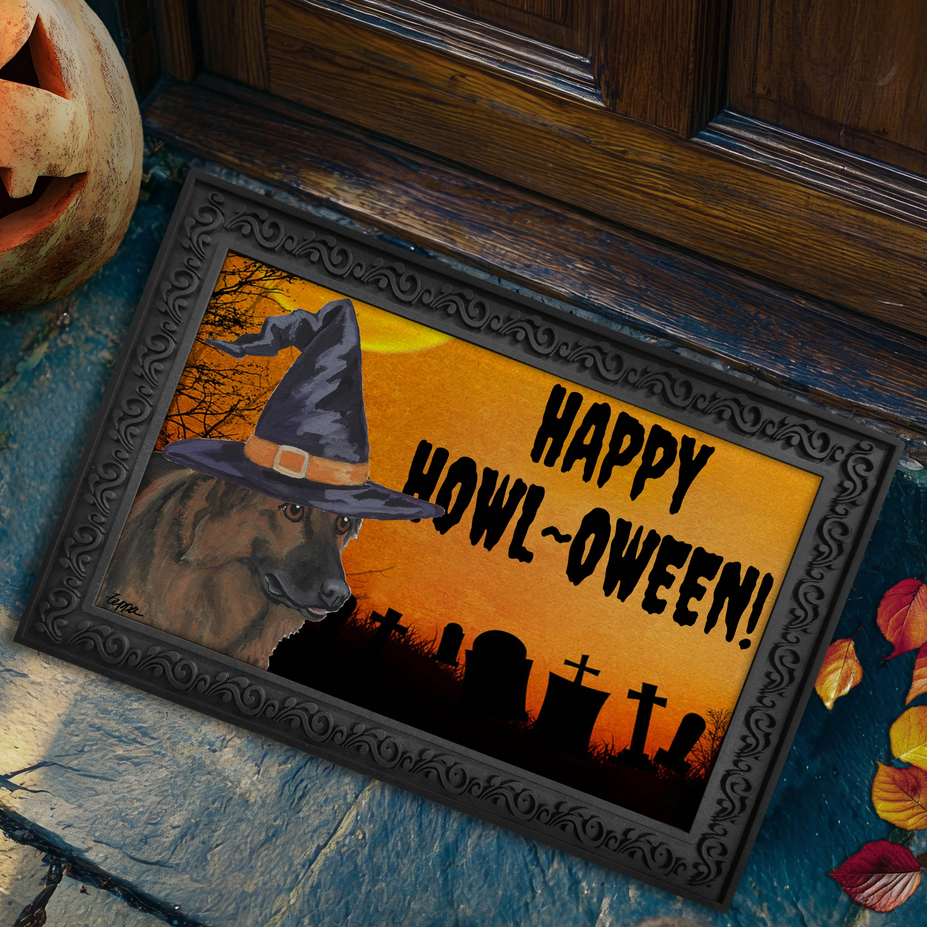 Door Mat with a Shiloh Shepherd wearing a Witch's hat and "happy Howl-oween" text.