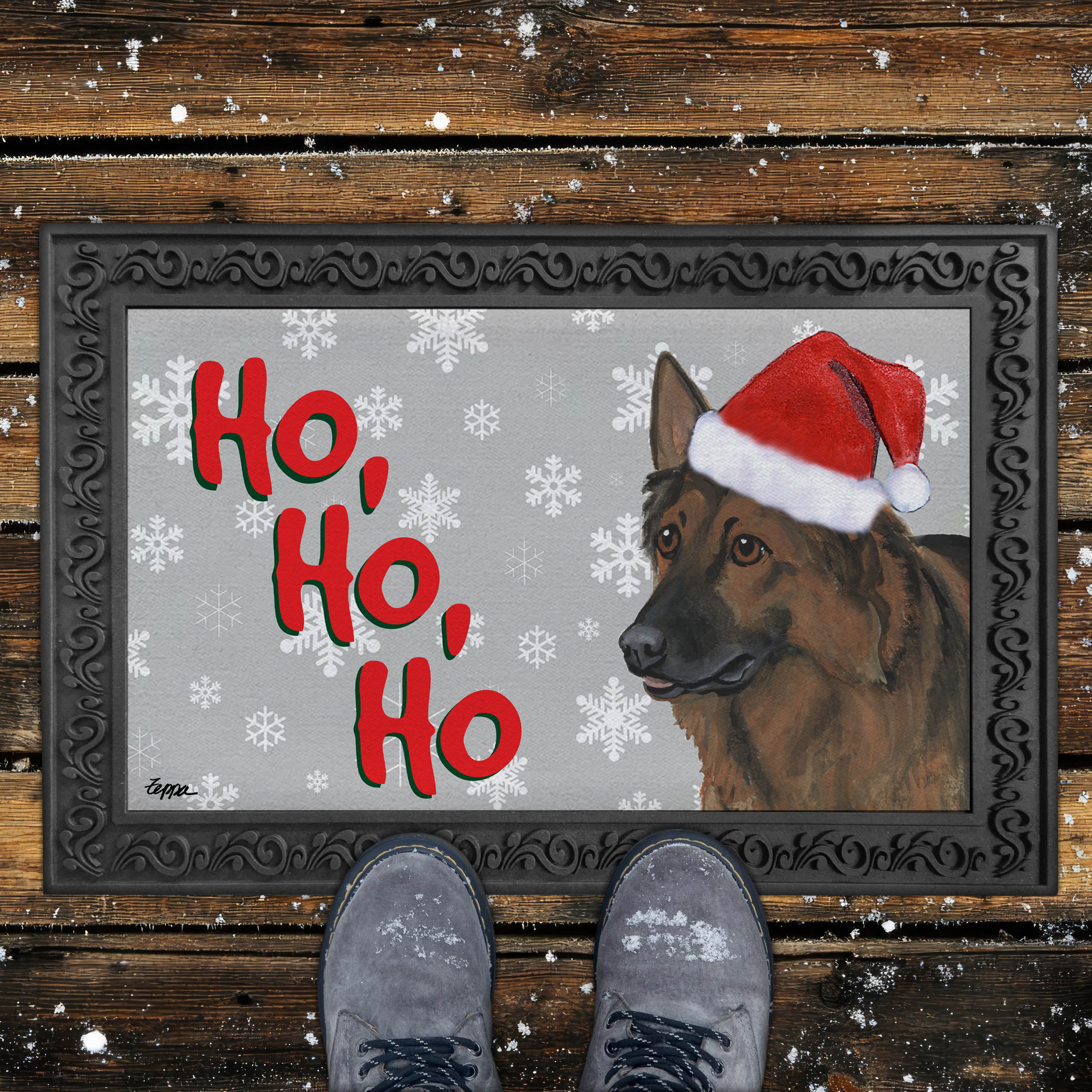 Christmas-themed door mat with a Shiloh Shepherd wearing a Santa hat and snowflakes on a grey background.
