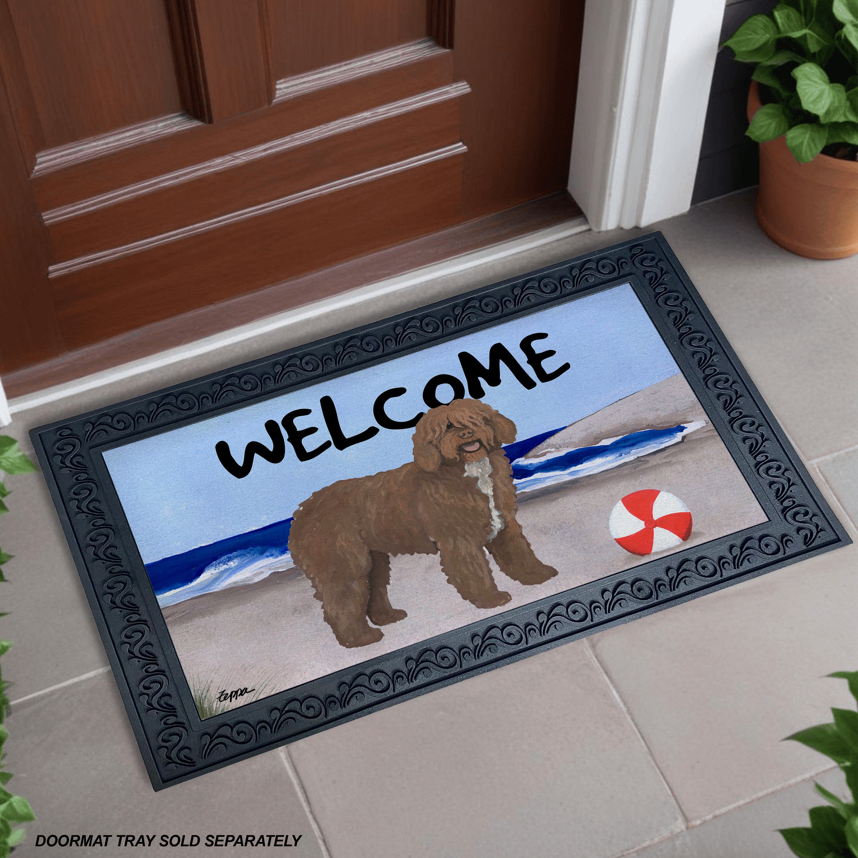 Doormat with a Spanish Water Dog illustration and 'Welcome' text on a sandy beach scene.