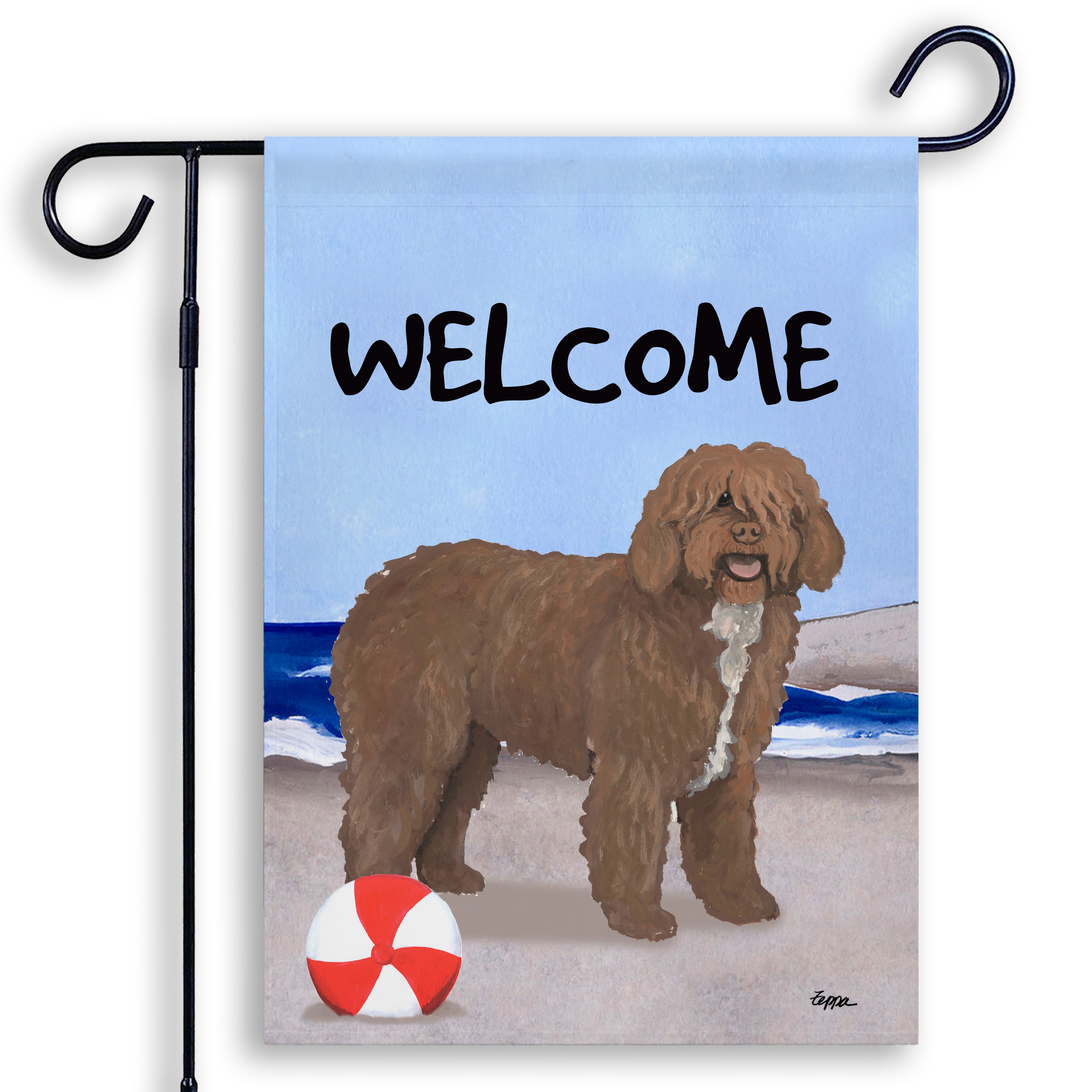 Garden flag with a Spanish Water Dog on a beach and 'WELCOME' text