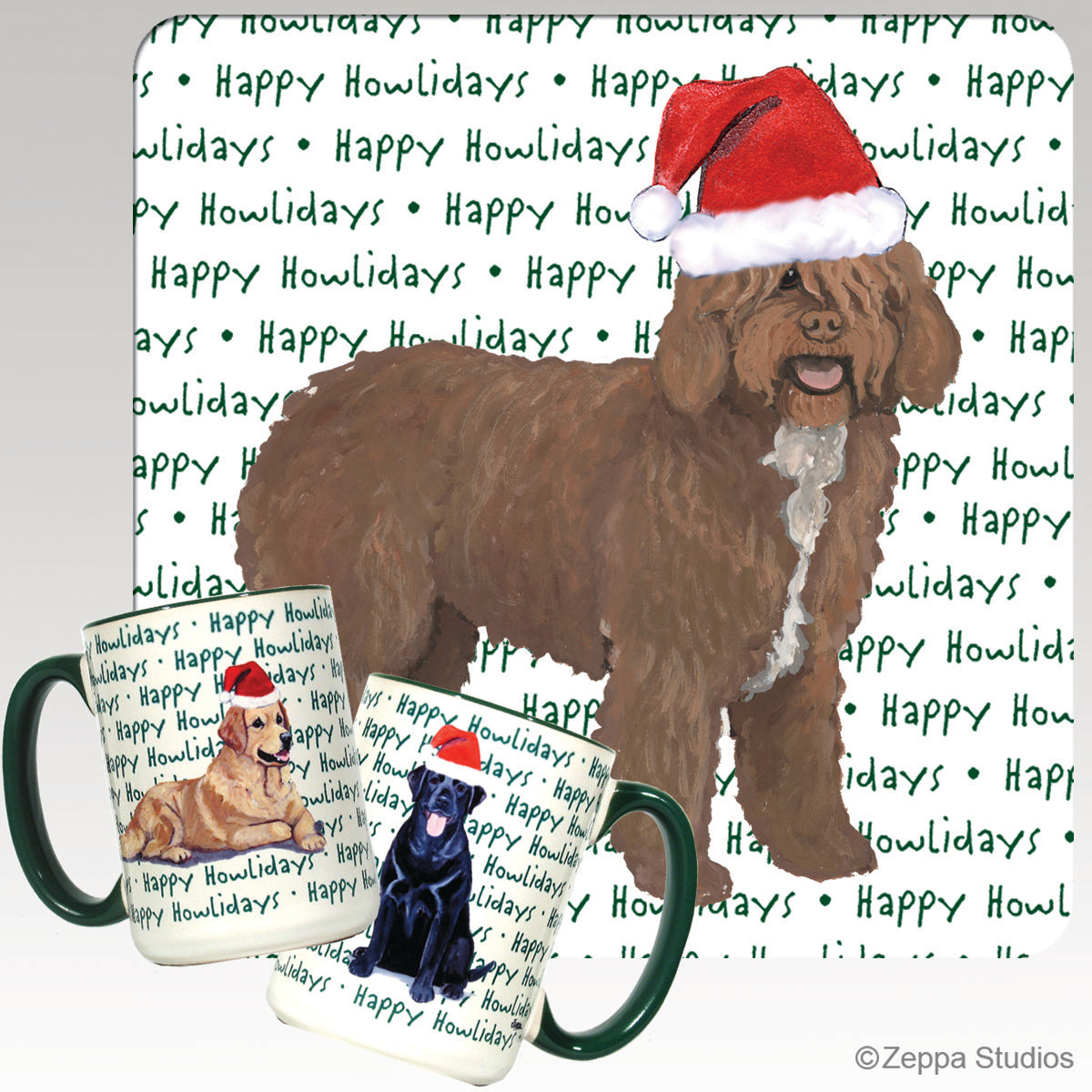 Spanish Water Dog wearing a Santa hat with on a mug with 'Happy Howlidays' text background.