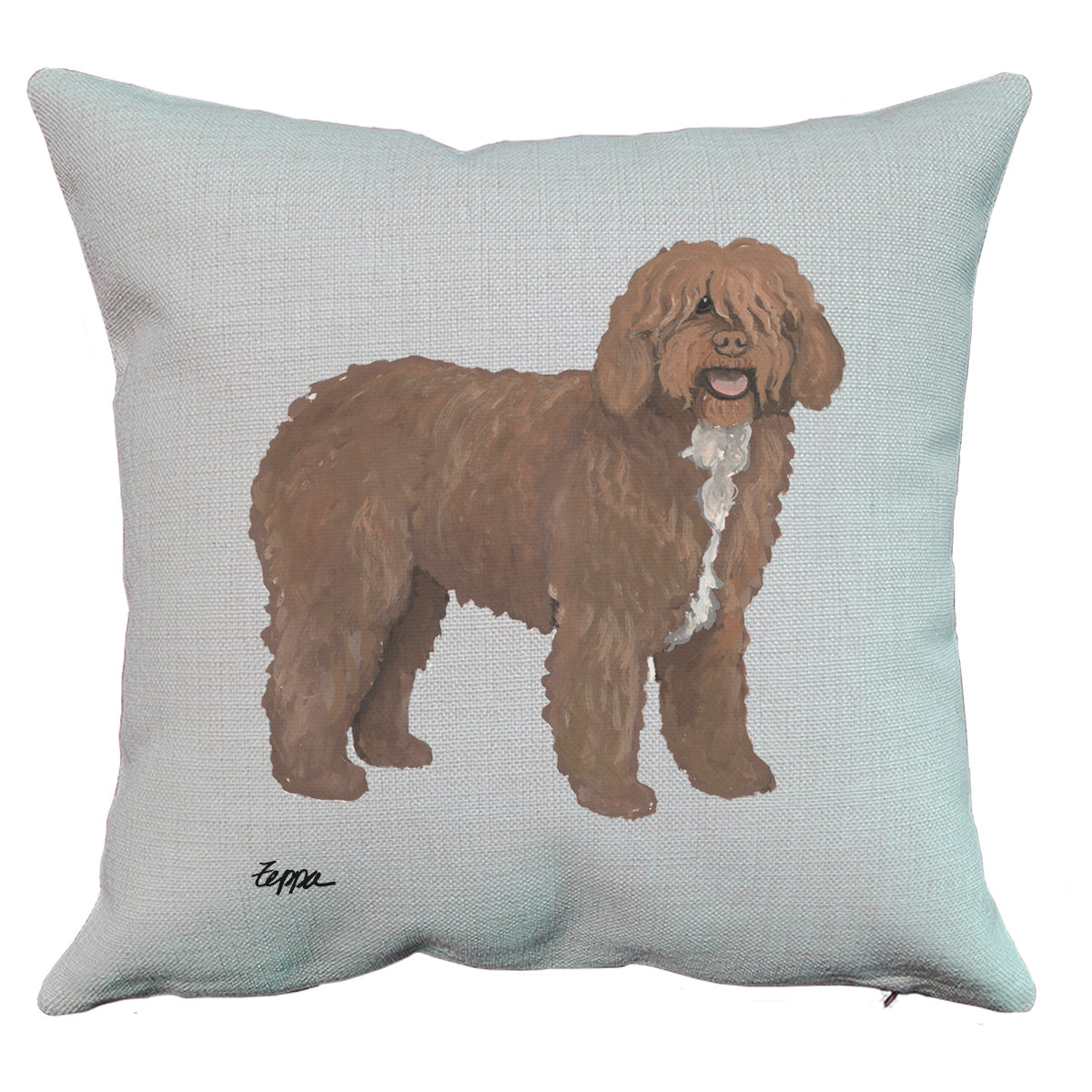 Spanish Water Dog design on a linen throw pillow.