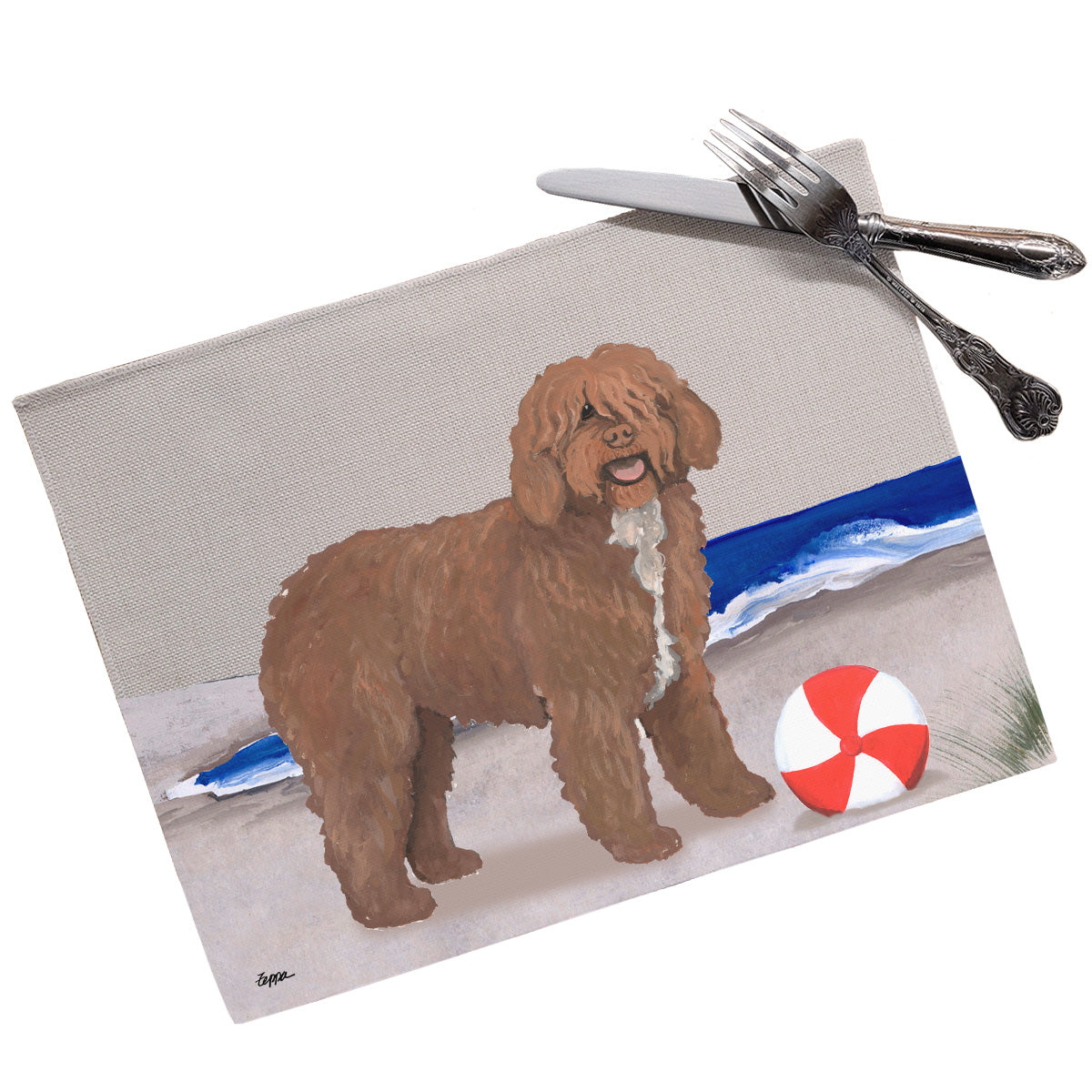 Linen placemat with a Spanish Water Dog on the beach design.
