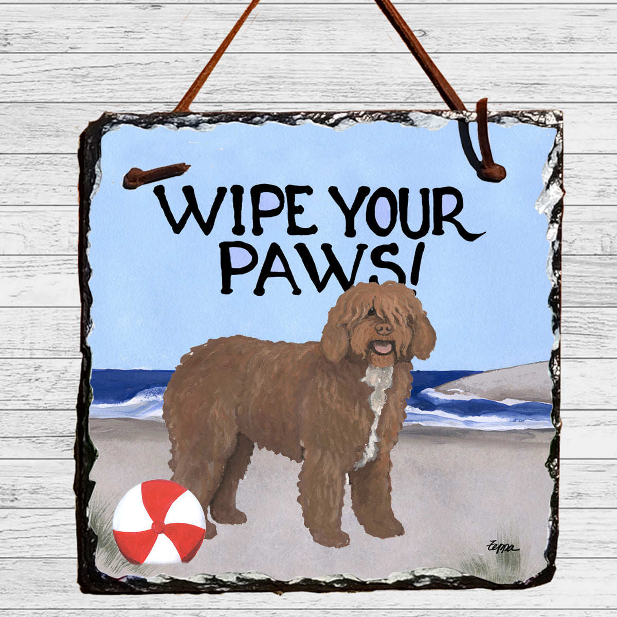 Spanish Water Dog on the beach Wipe Your Paws slate sign.