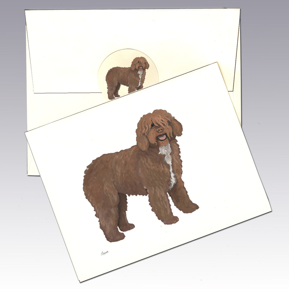 Spanish Water Dog illustration on an ivory note card, envelop and seal.