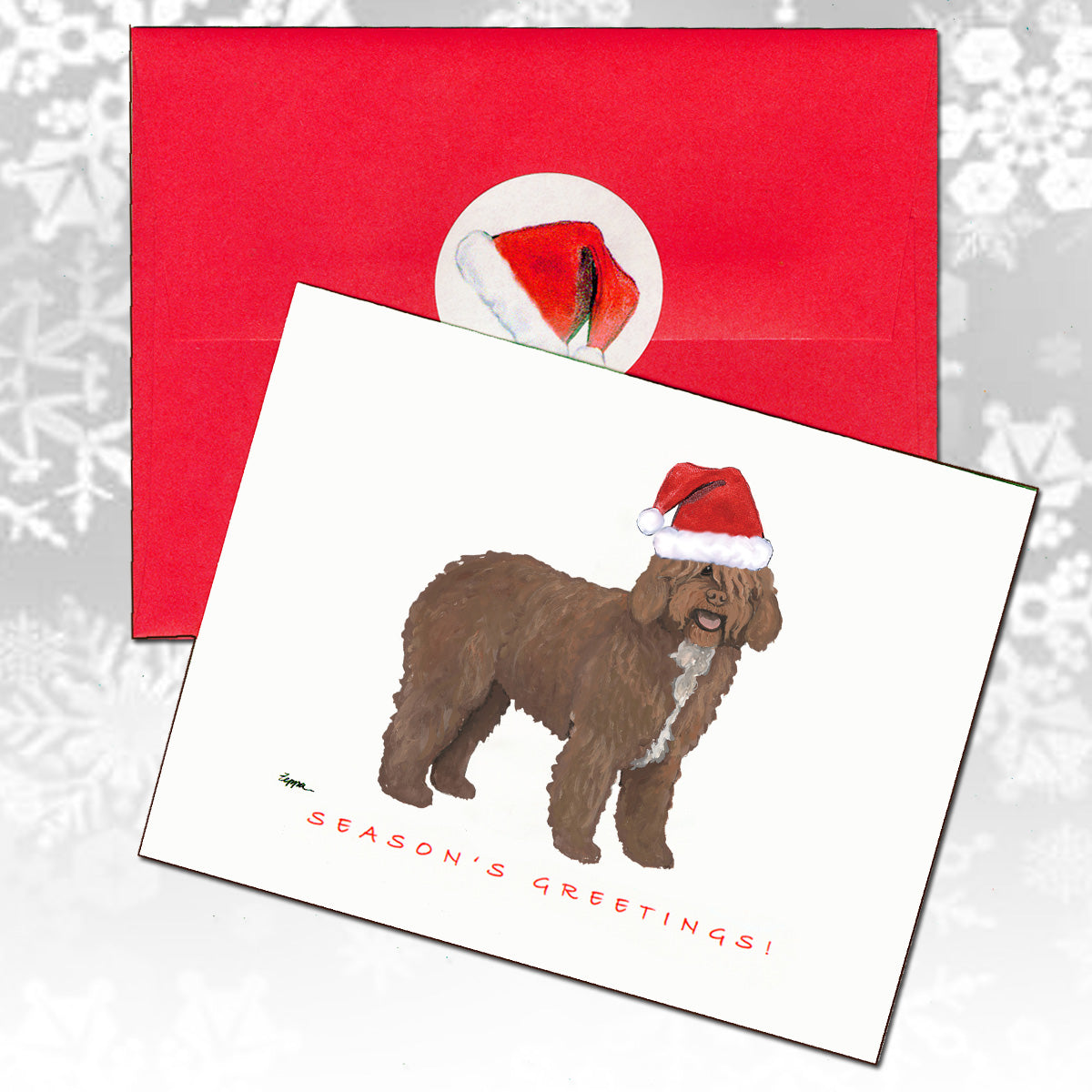 Christmas card with a Spanish Water Dog wearing a Santa hat and a red envelope.