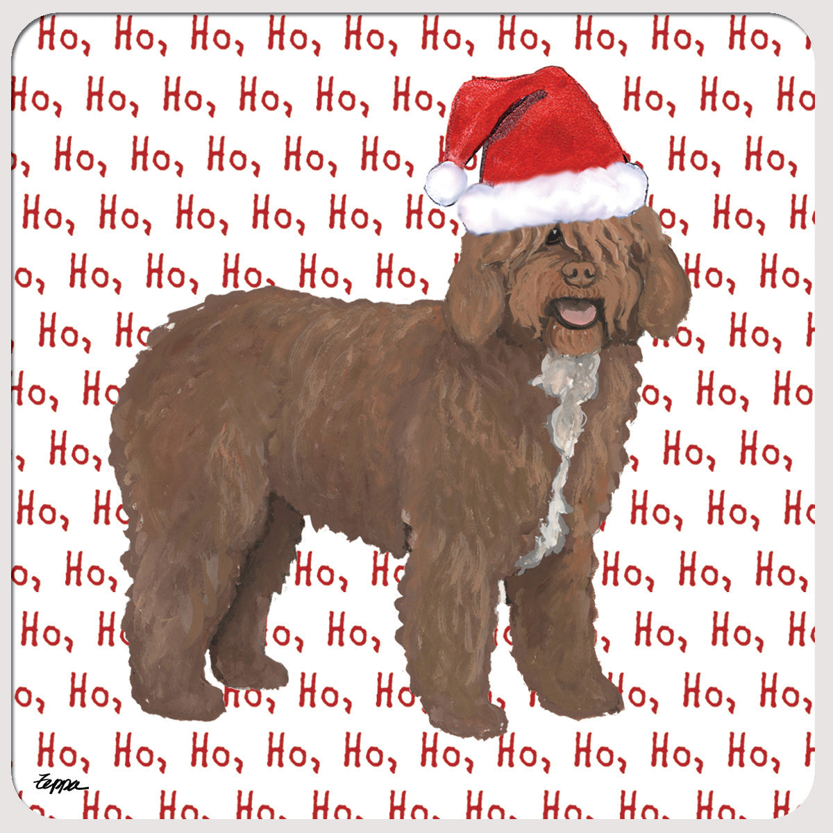 Spanish Water Dog wearing a Santa hat on a coaster with a background with 'Ho Ho Ho' repeating text