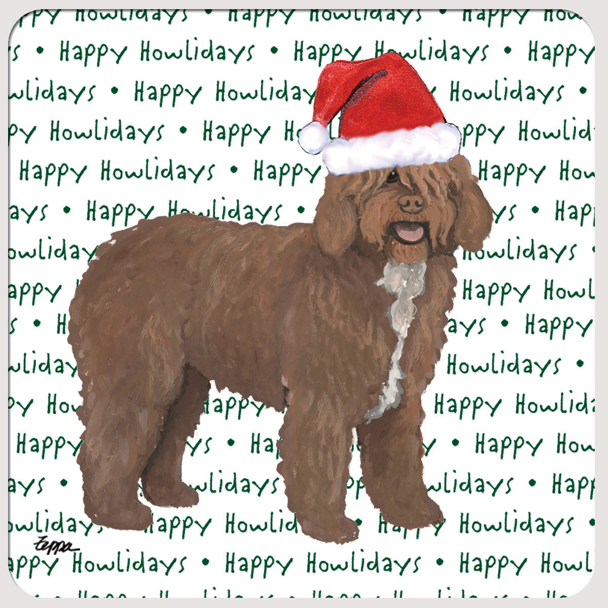 Spanish Water Dog wearing a Santa hat on a coaster with a background with 'Happy Howlidays' repeating text