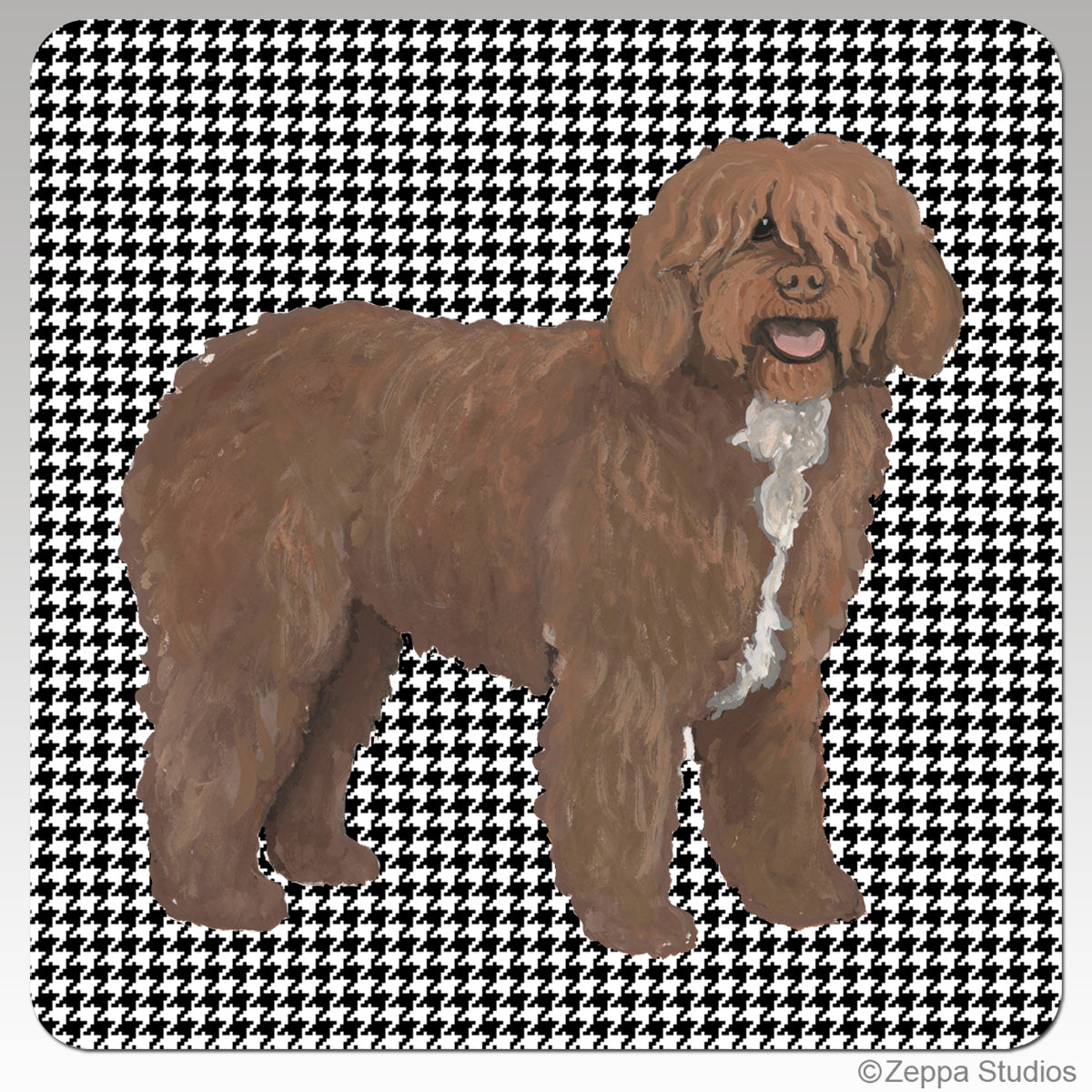 Spanish Water Dog on a houndstooth patterned beverage coaster.