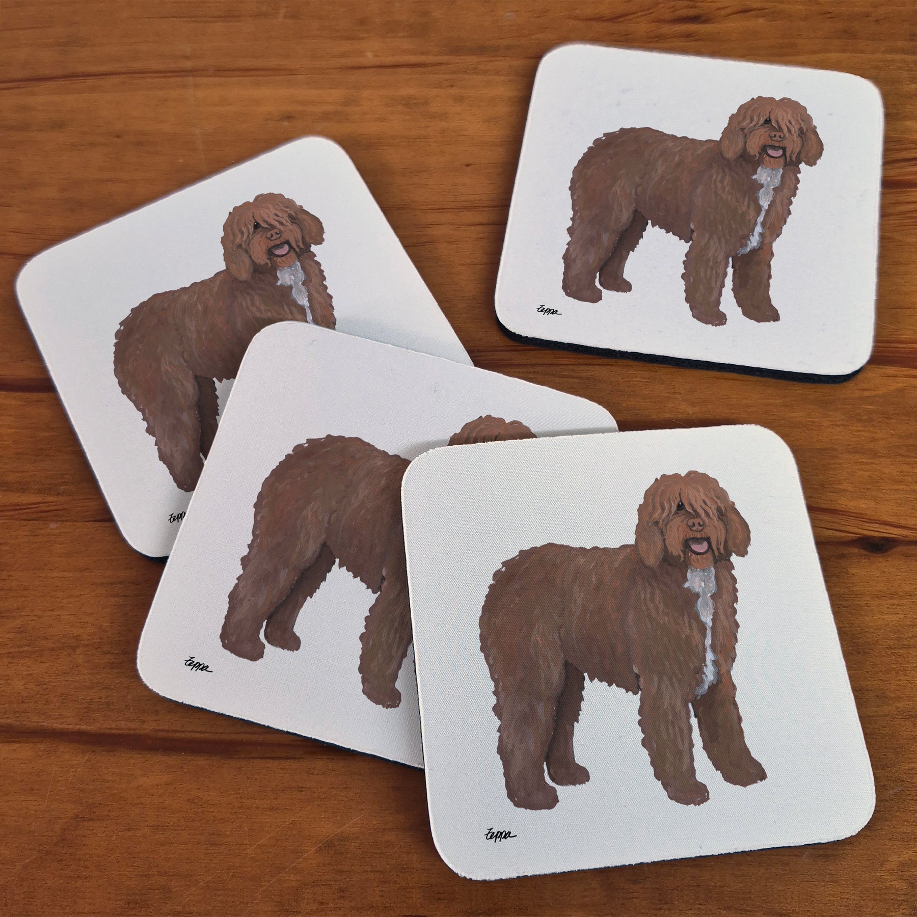 Spanish Water Dog illustration on plain beige rubber beverage coasters