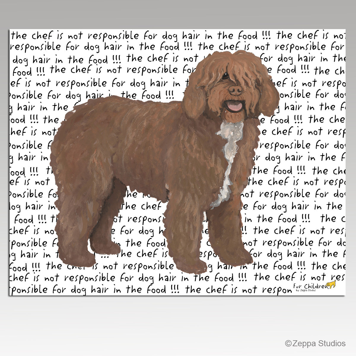 Spanish Water Dog on repeating text background tempered glass cutting board.