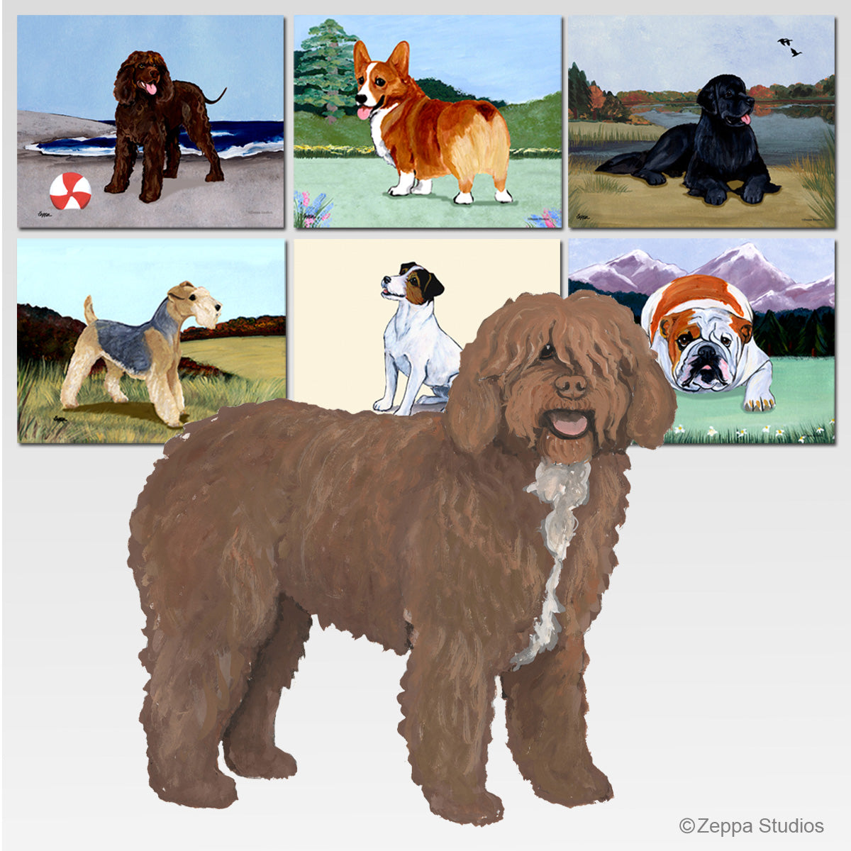 Spanish Water Dog and 6 background scenes for tempered glass cutting boards.