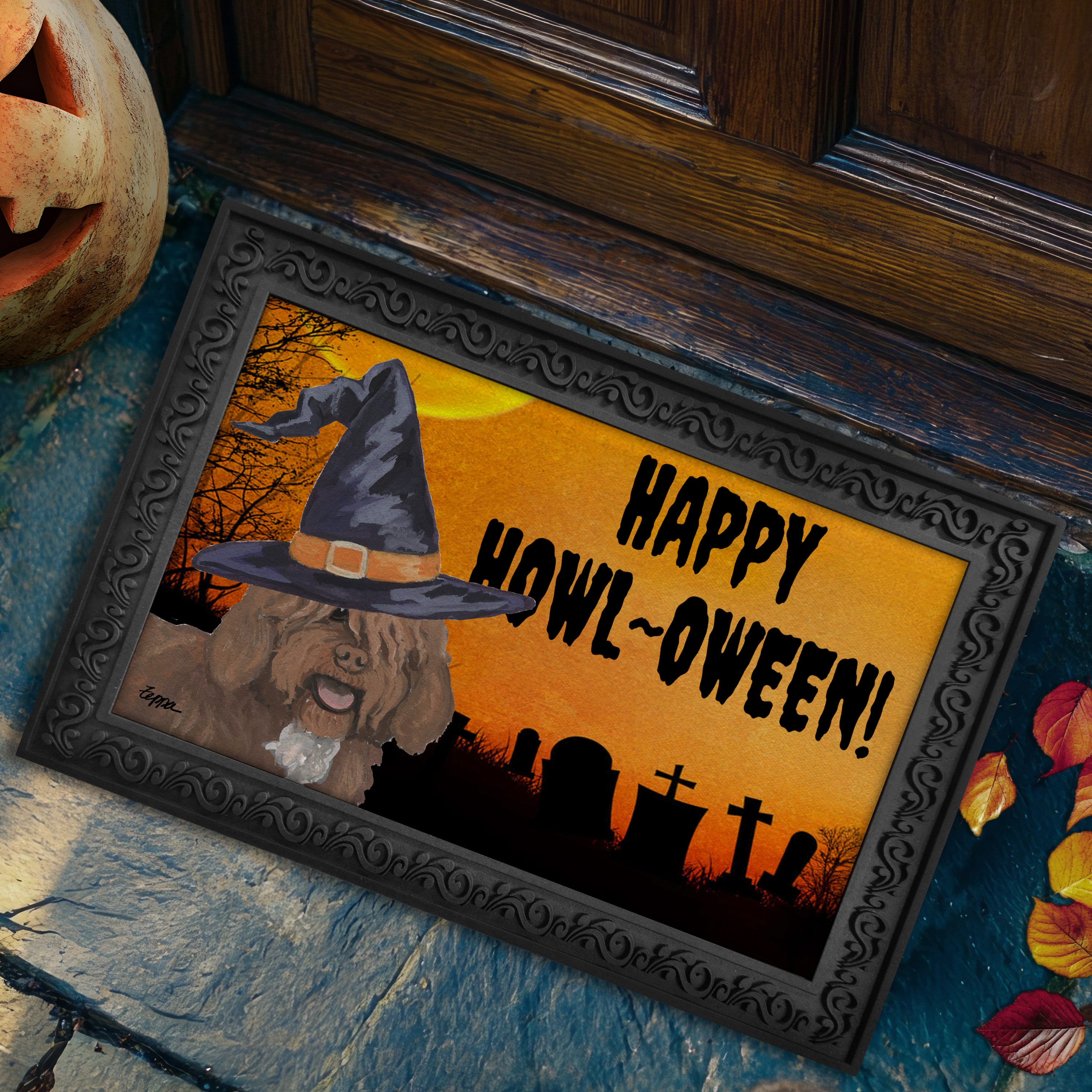 Halloween-themed doormat with a Spanish Water Dog wearing a witch hat and 'Happy Howl-Oween!' text.