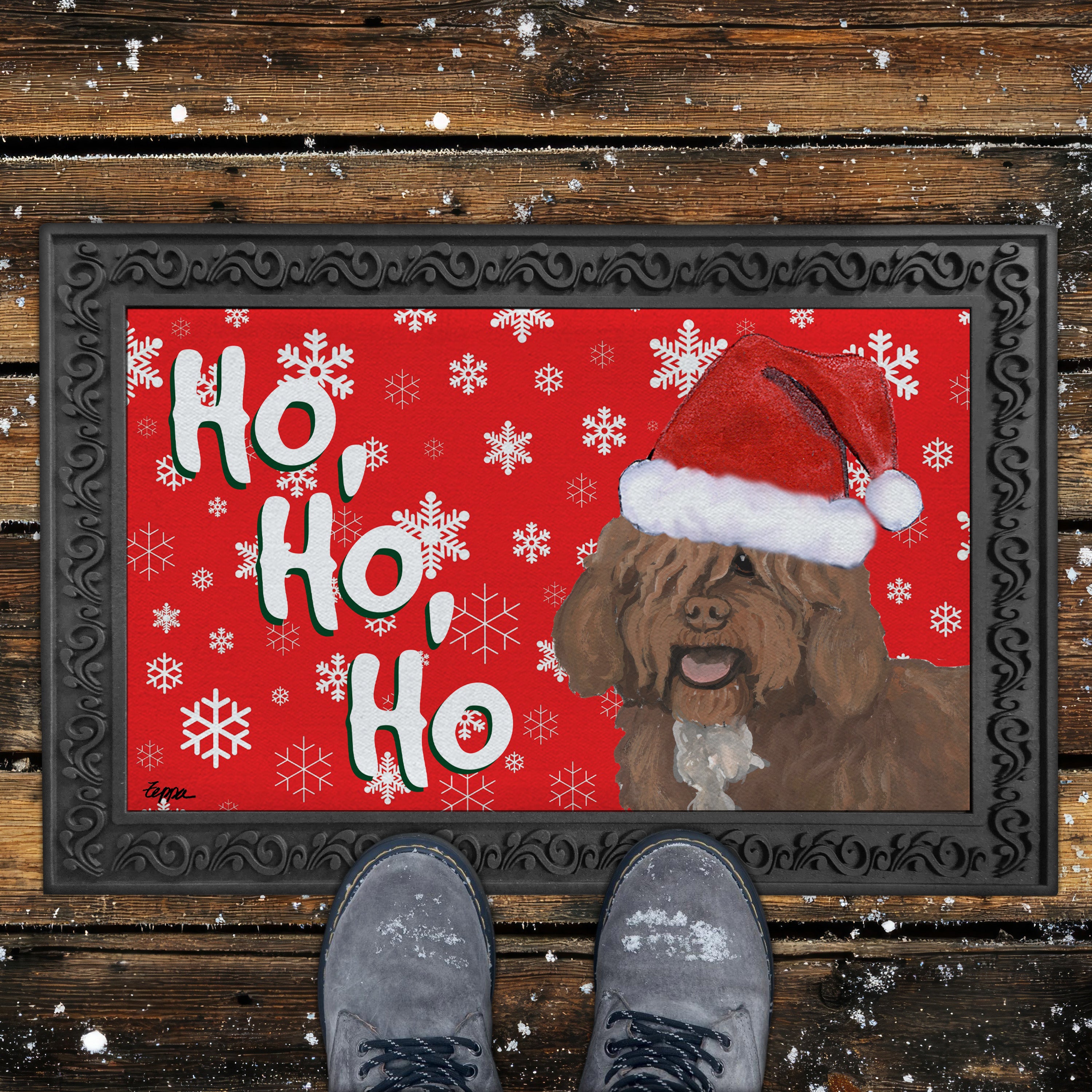 Doormat with a Spanish Water Dog wearing a Santa hat and 'Ho, Ho, Ho' text on a red background.