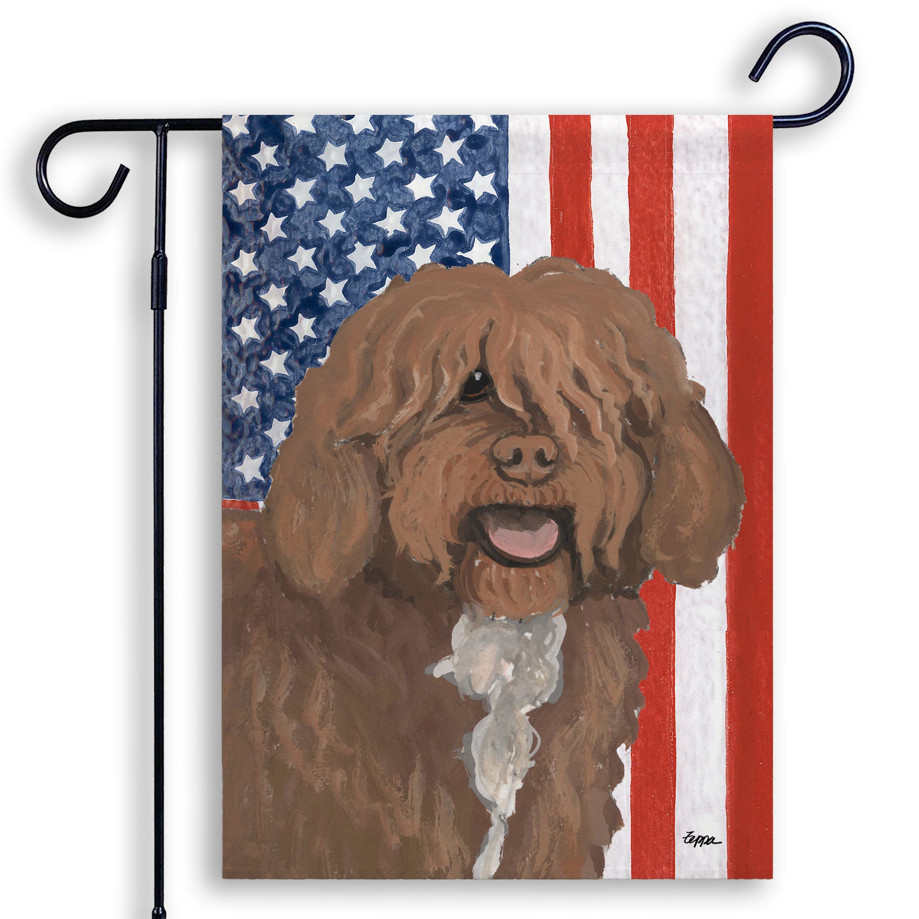 Spanish Water Dog on an American Flag  background Garden Flag