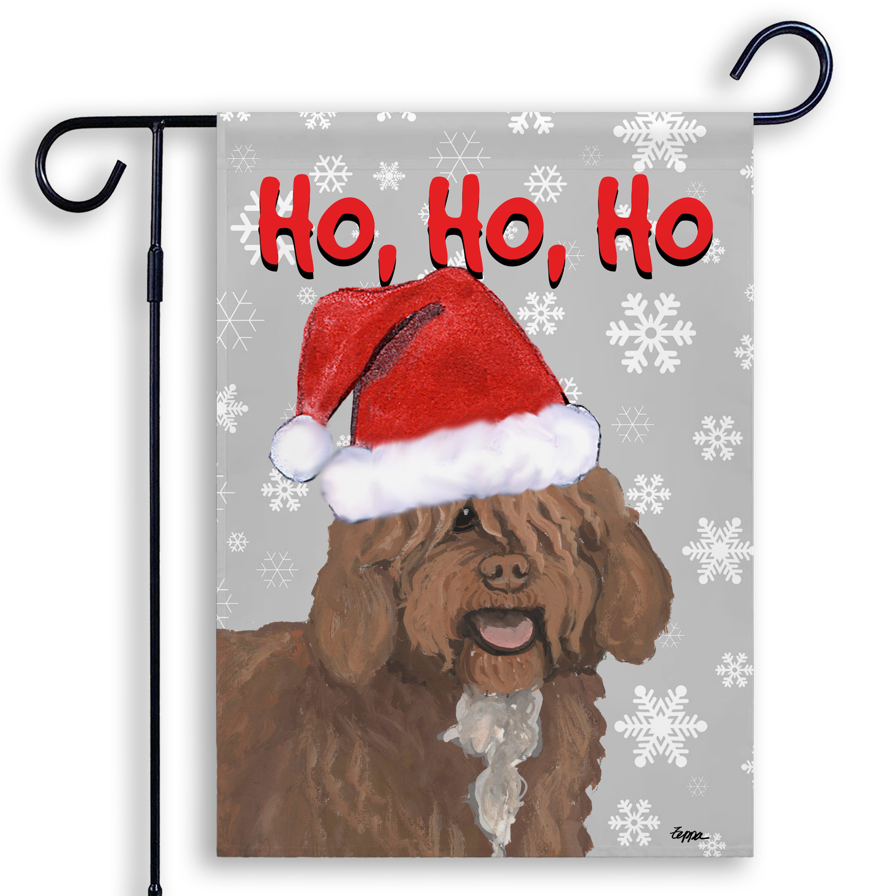 Spanish Water Dog in a Santa Hat on a Ho Ho Ho Garden Flag